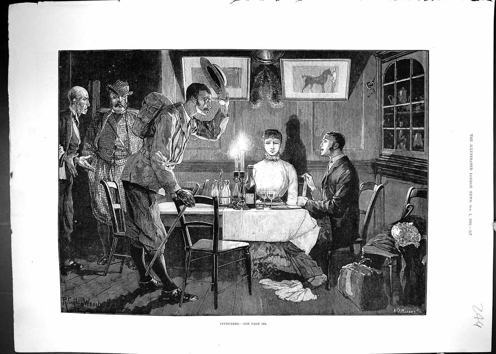 Antique Old Print 1881 Intruders Man Woman Dinner Table Romance Travellers 19th