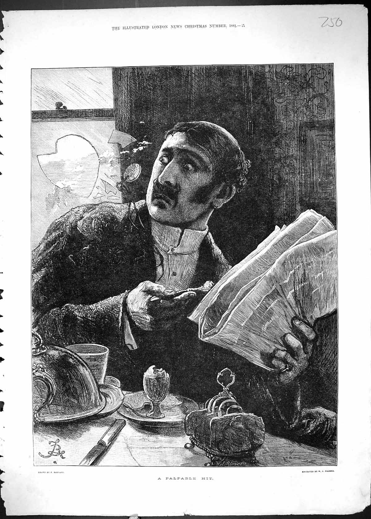 Old Antique Print Palpable Hit Man Reading Newspaper Broken Window 1881 19th