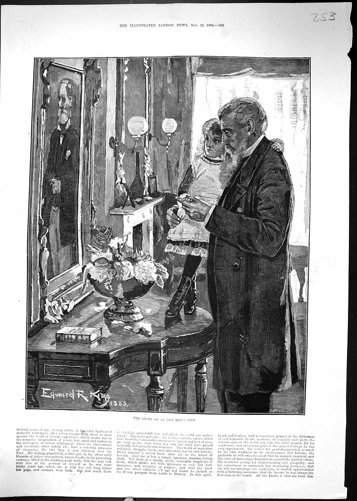 Original Old Antique Print 1884 Story Man Life Young Girl Portrait Edward King