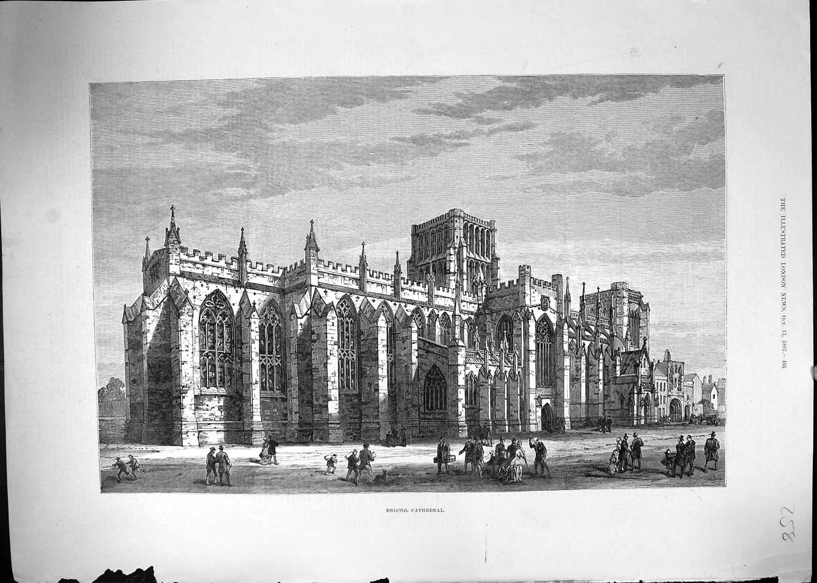 Original Old Antique Print 1887 Exterior Bristol Cathedral Architecture 19th