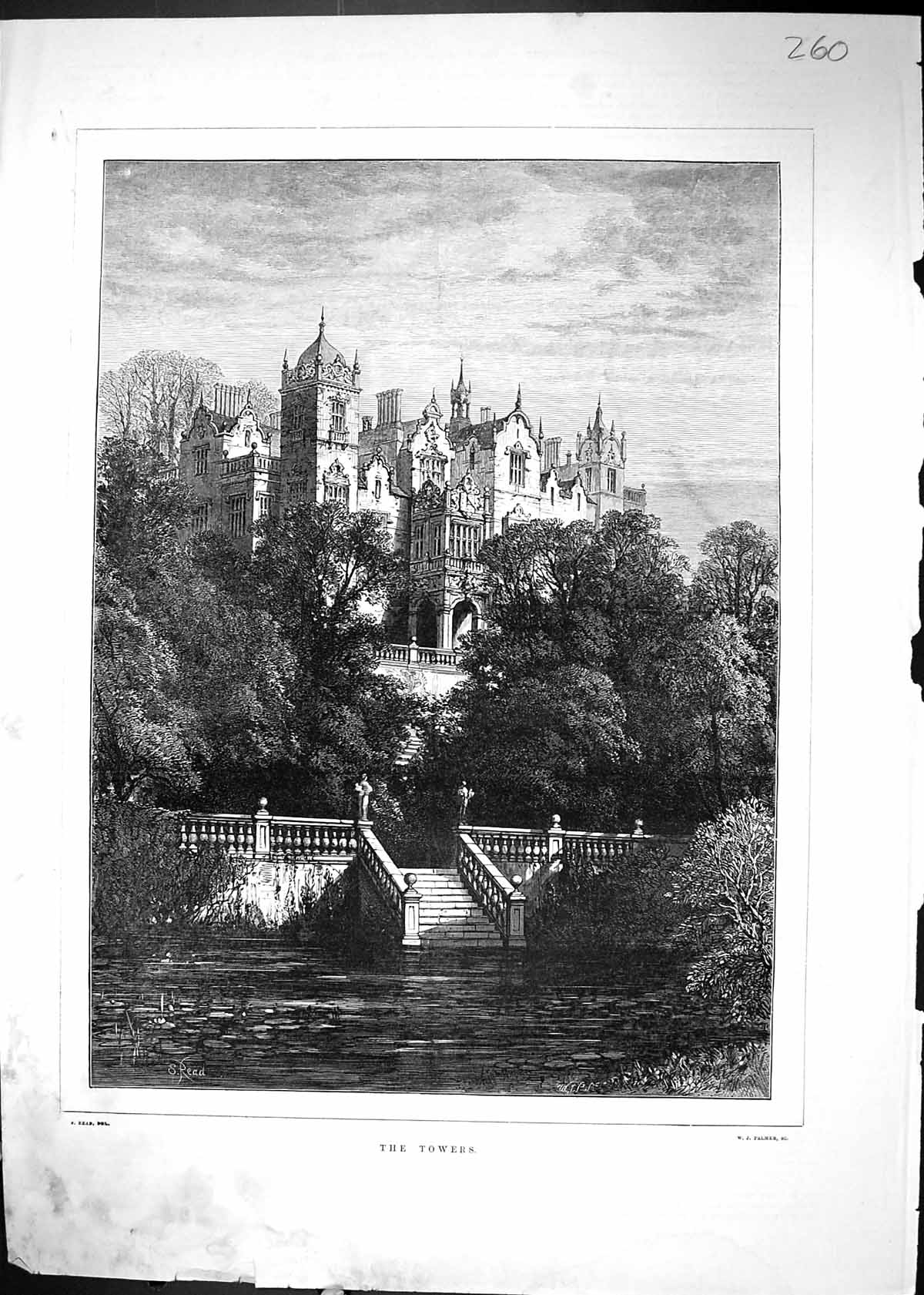 Original Old Antique Print 1882 Towers Mansion House River Steps Architecture