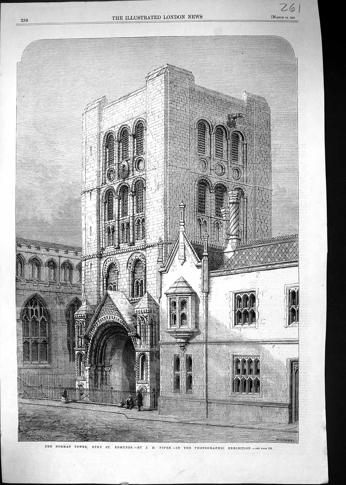Antique Print 1860 Norman Tower Bury St. Edmunds Church Architecture Piper 19th
