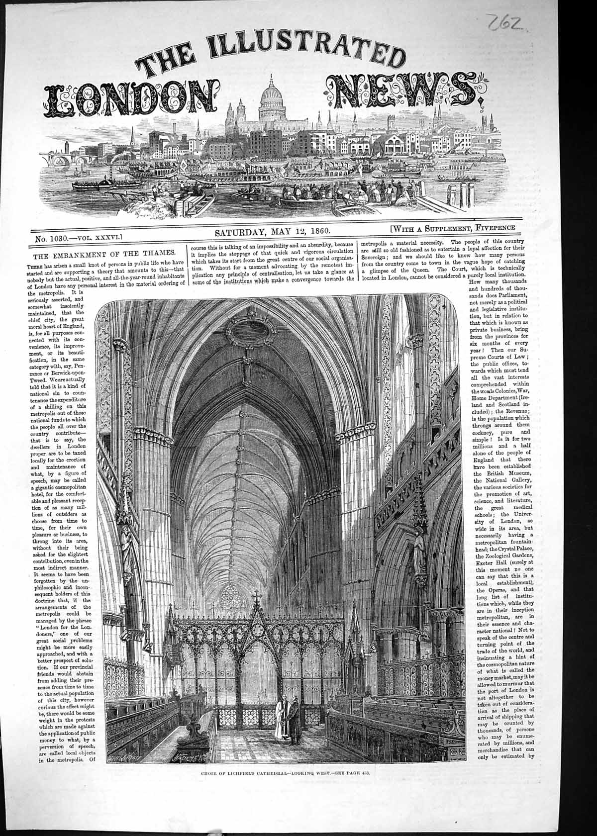 Original Old Antique Print 1860 Choir Cathedral Lichfield England Architecture