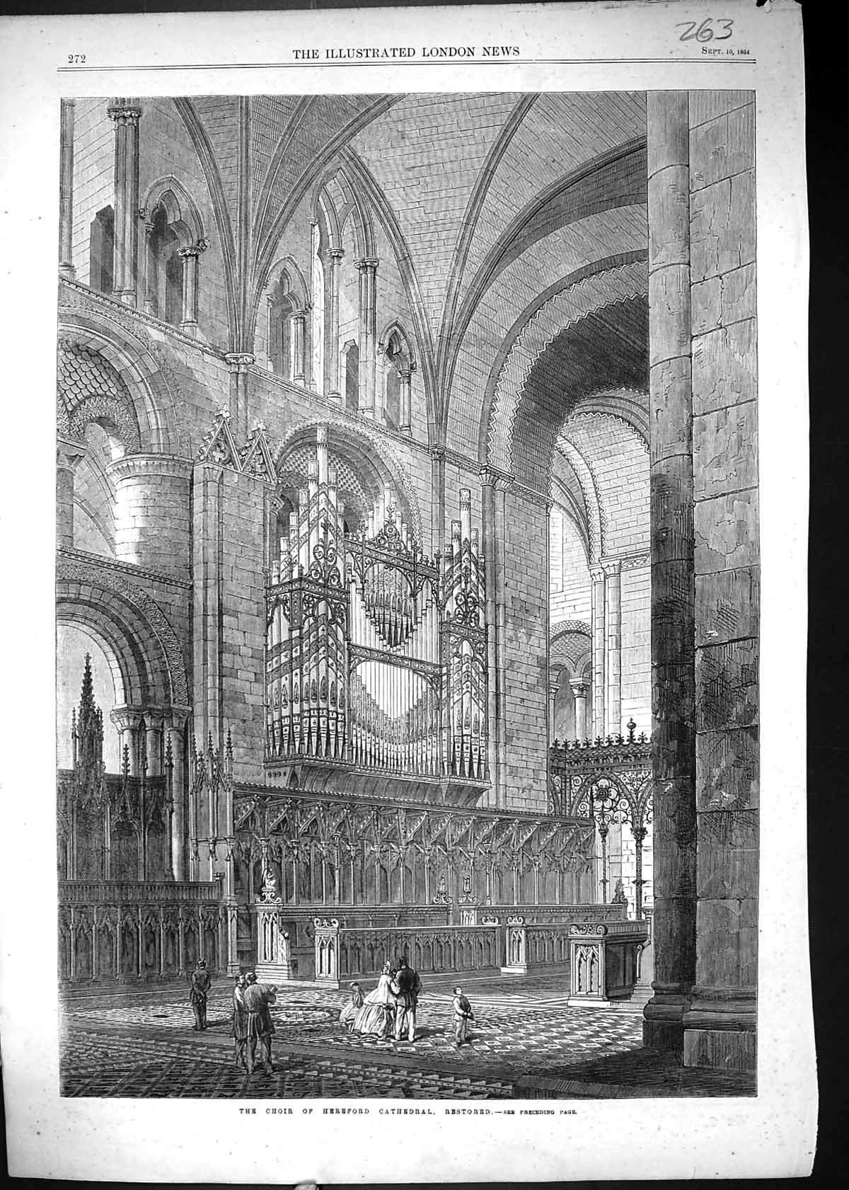Original Old Antique Print Choir Cathedral Hereford England Architecture 1864