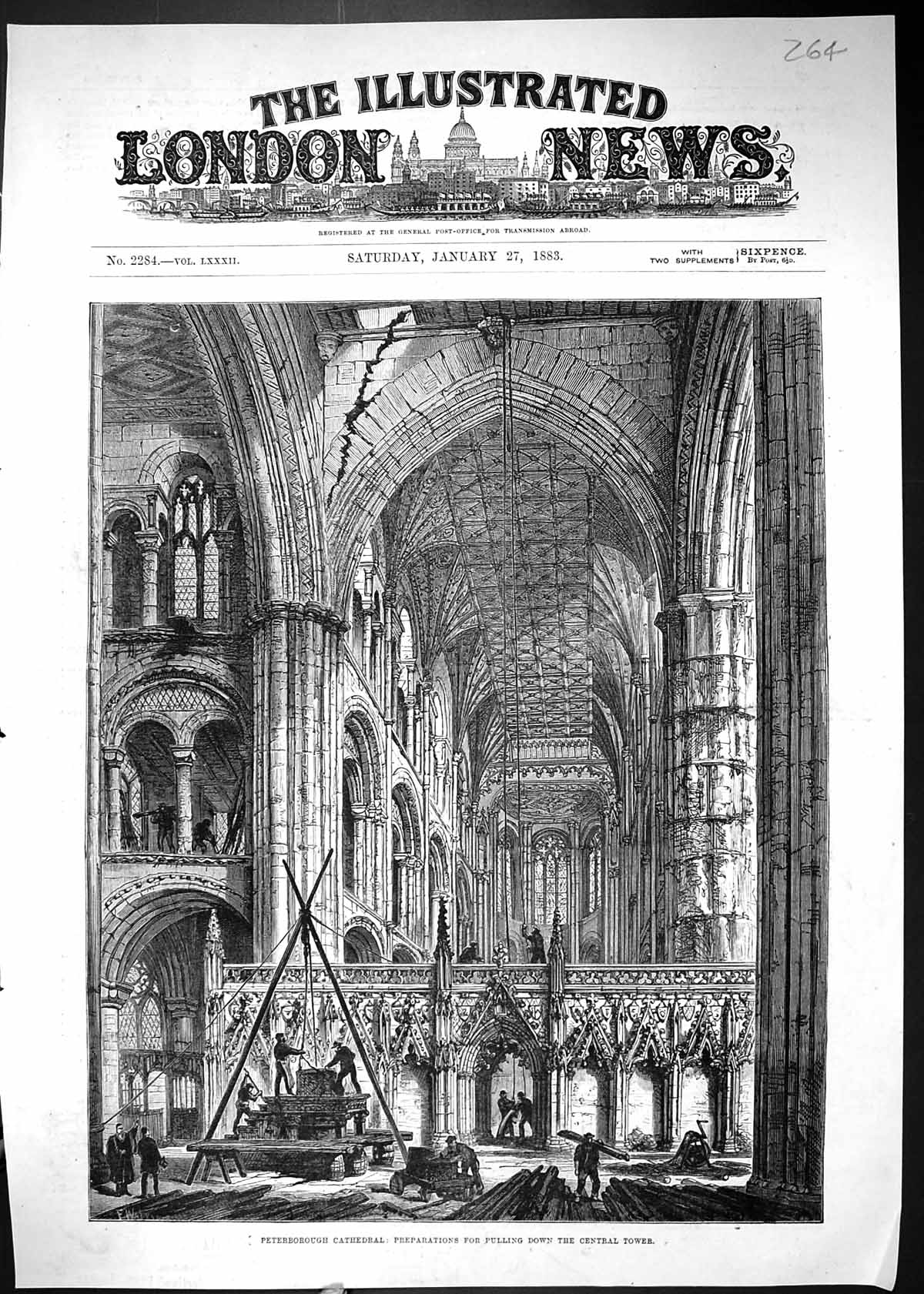 Old 1883 Peterborough Cathedral Preparations Pulling Down Central Tow Victorian