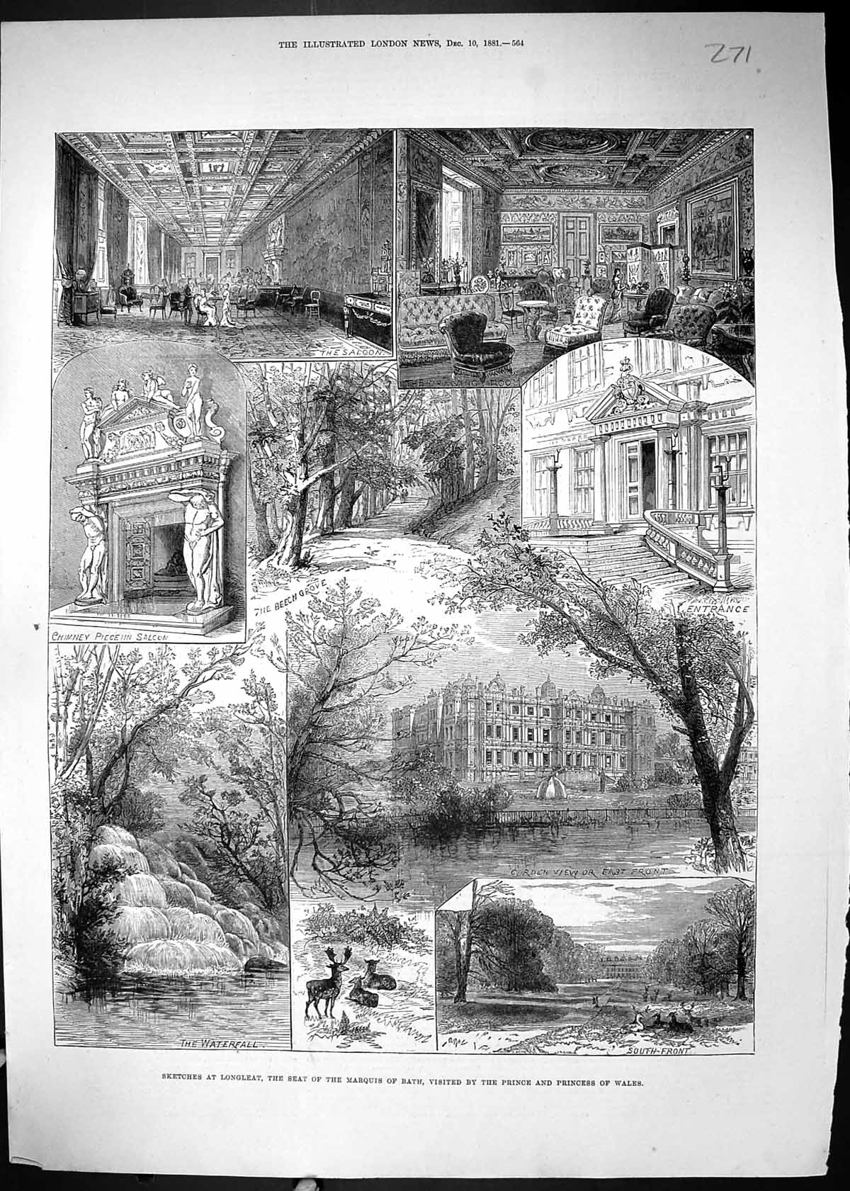 Original Old Antique Print 1881 Longleat Marquis Bath Waterfall Prince Wales