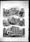 Original Old Antique Print 1880 Kensington House Lake Garden Architecture 19th