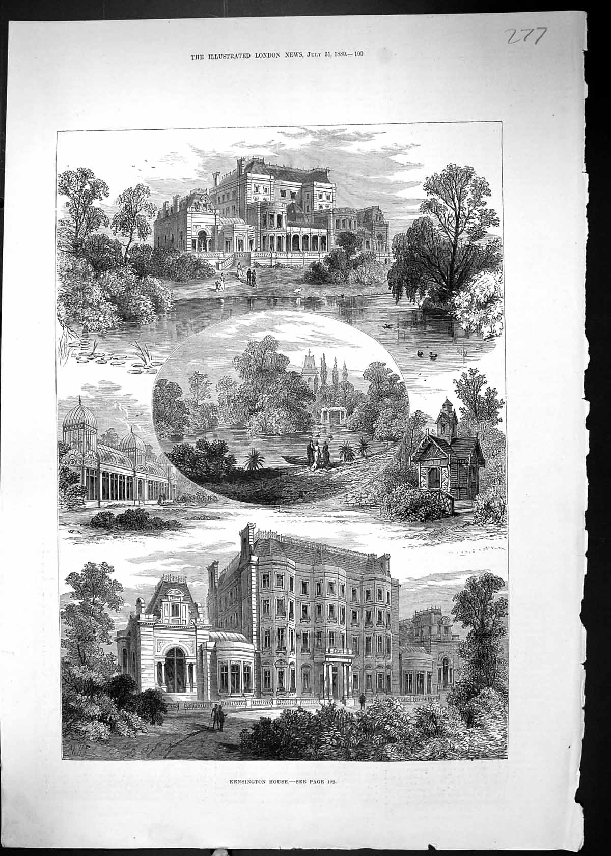 Original Old Antique Print 1880 Kensington House Lake Garden Architecture 19th