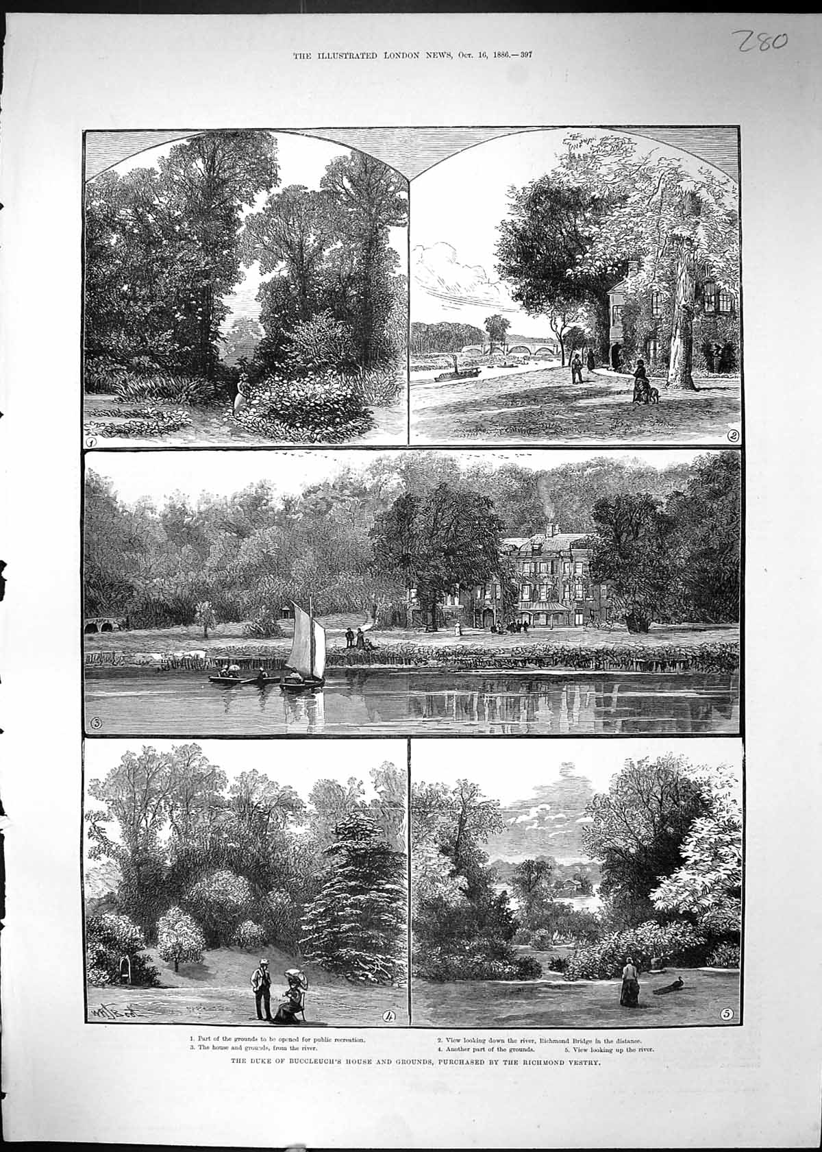 Original Old Antique Print 1886 Duke Buccleuch House Grounds Richmond Vestry