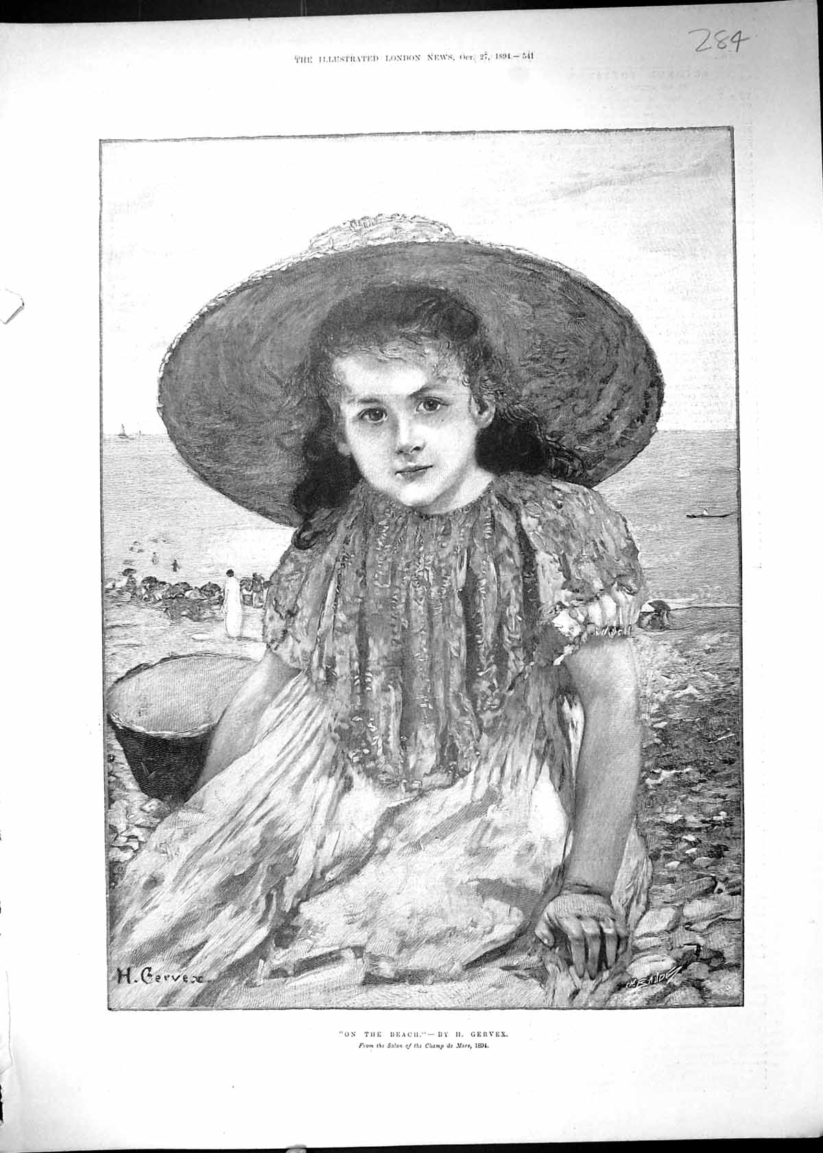 Original Old Antique Print 1894 Beautiful Young Girl Beach Sea Scene Gervex