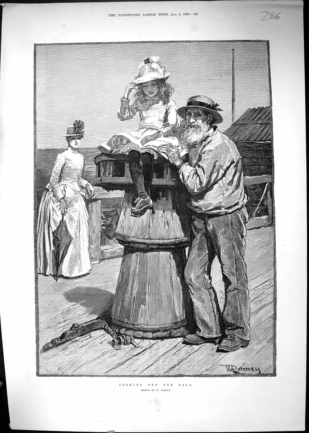Antique Old Print Young Girl Pier Lokking Out For Papa Fisherman Rainey 1890