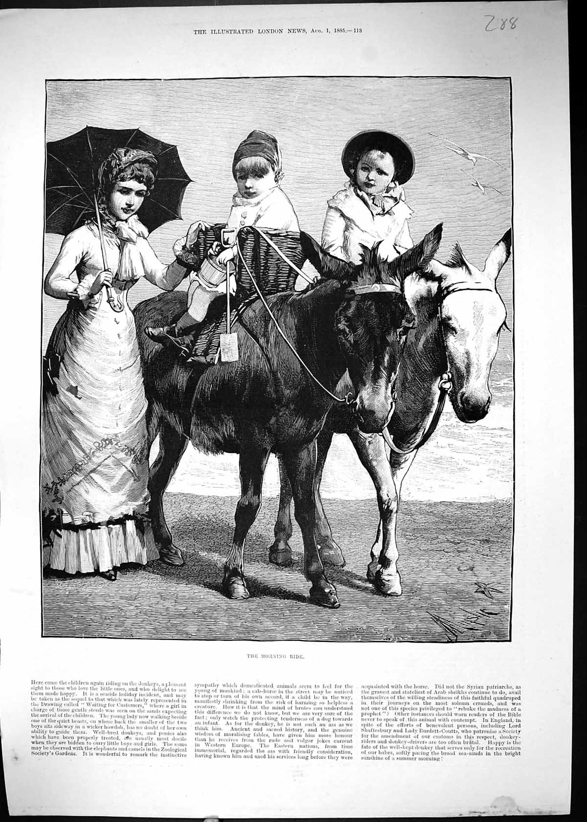 Original Old Antique Print 1885 Morning Ride Children Donkey Beach Sea Scene