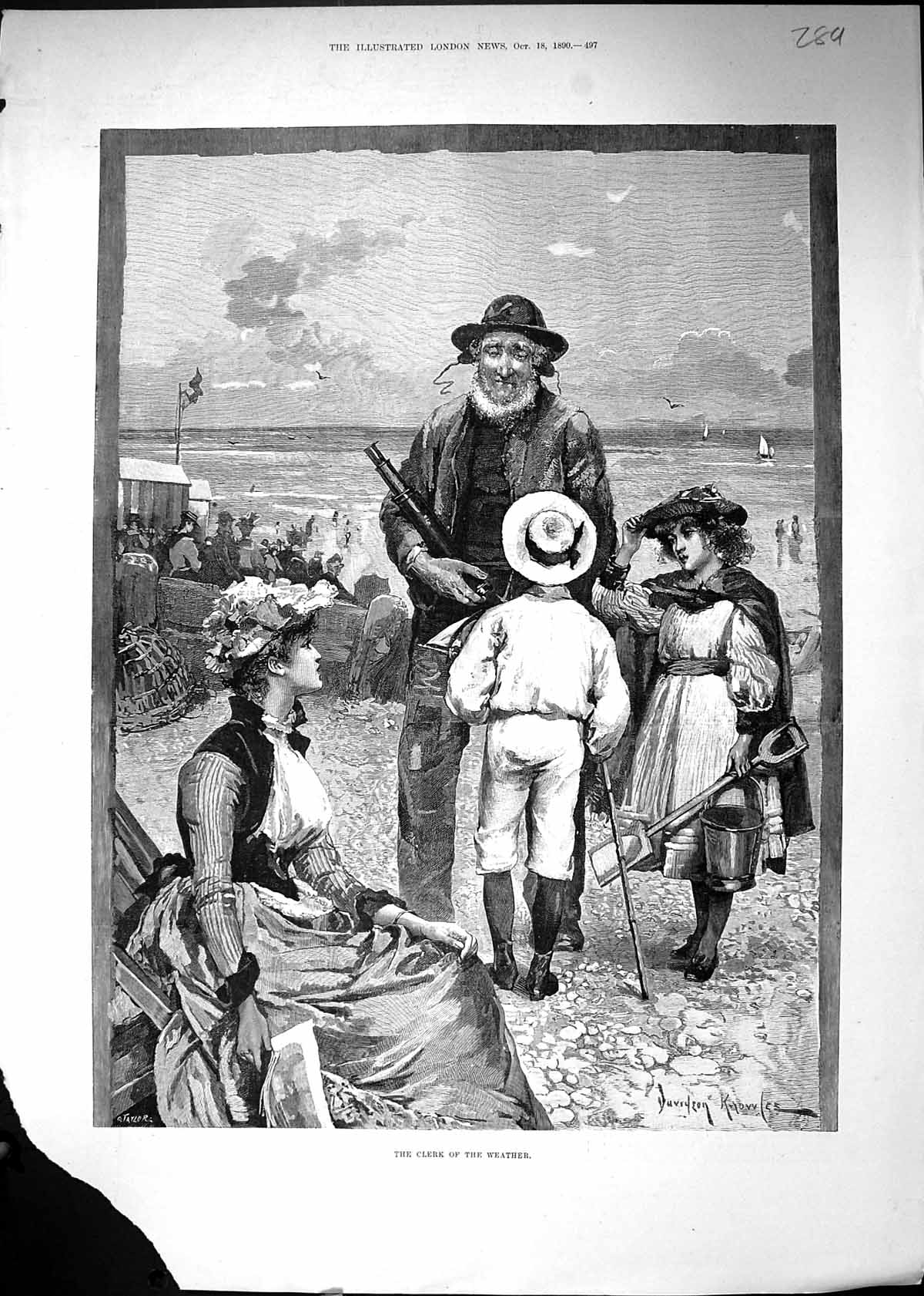 Antique Print 1890 Clerk Weather Man Telescope Children Beach Scene Knowles