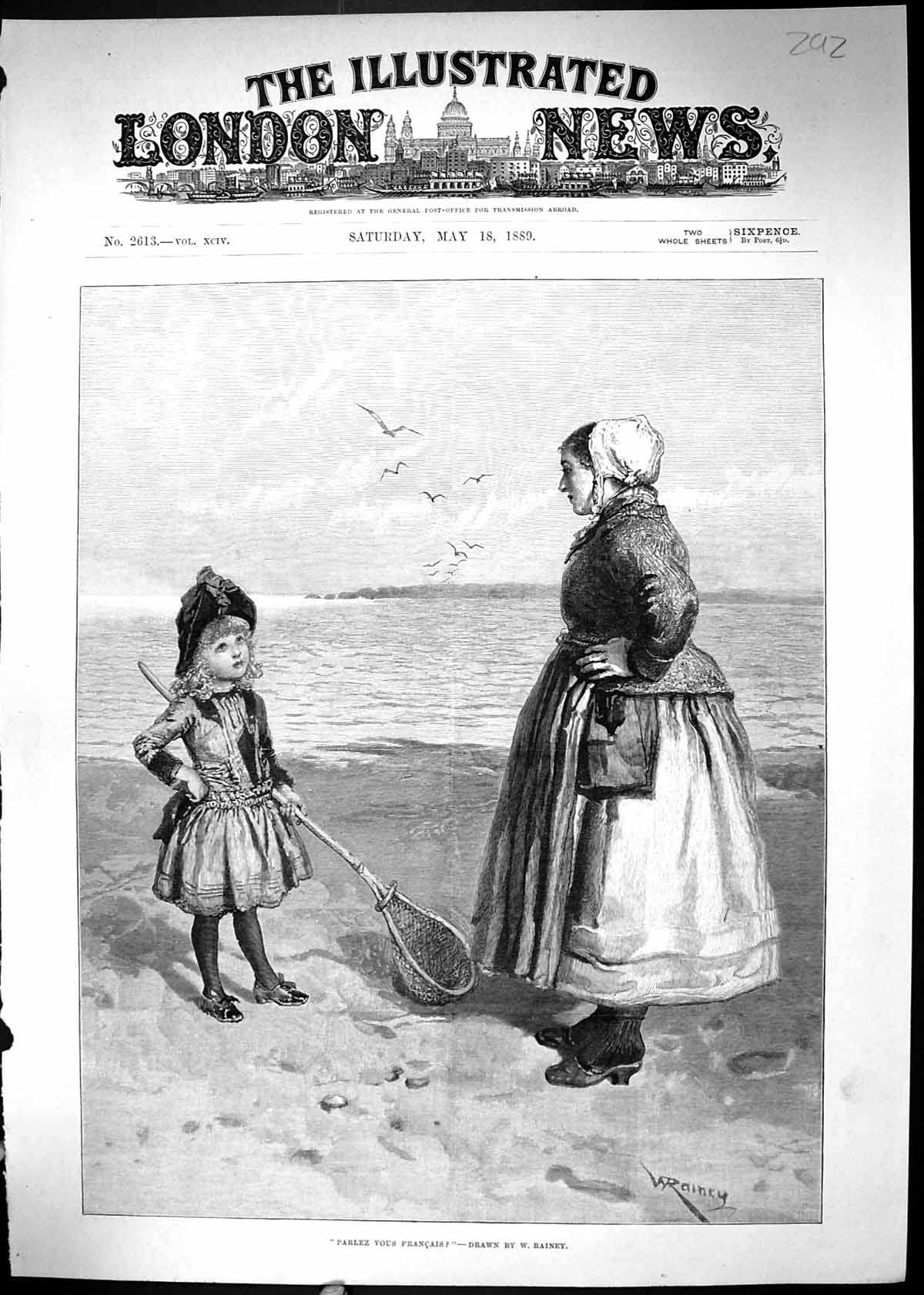Old 1889 Parlez Vous Francais Young Girl Beach Sea Scene Fishing Net Victorian
