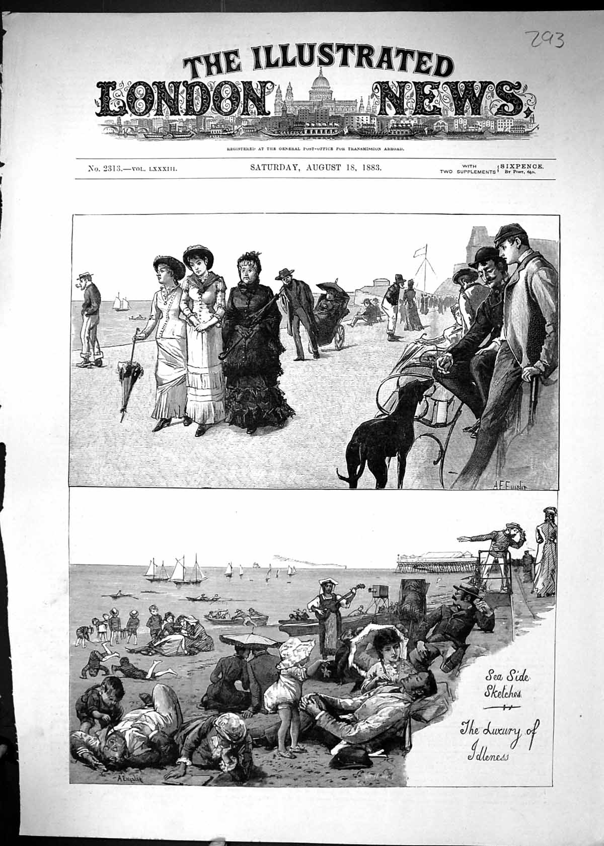 Old 1883 Seas Side Scene Children Playing Beach Sand Luxury Idleness Victorian