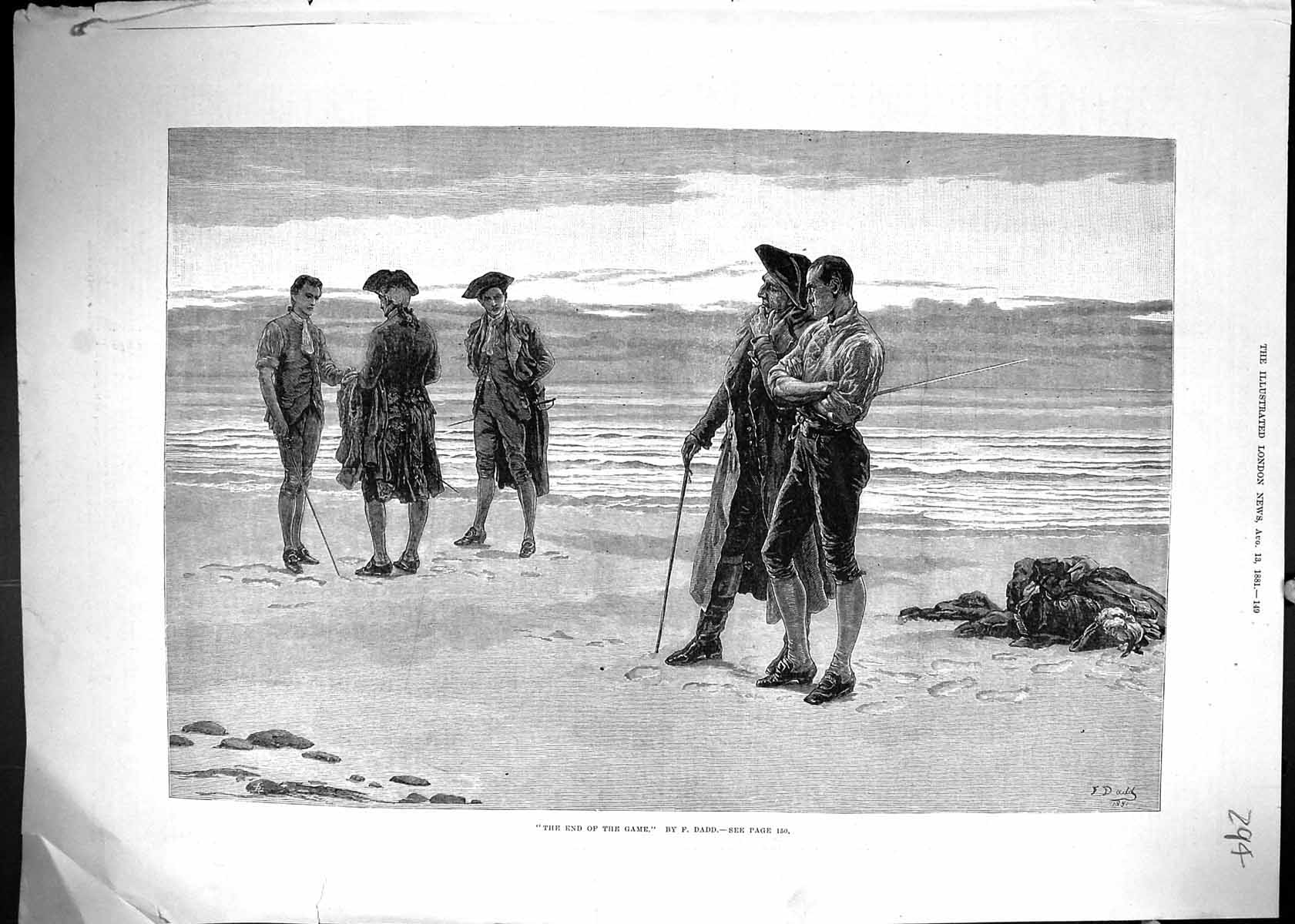 Original Old Antique Print 1881 End The Game Men Beach Scene Swords Duel Dadd