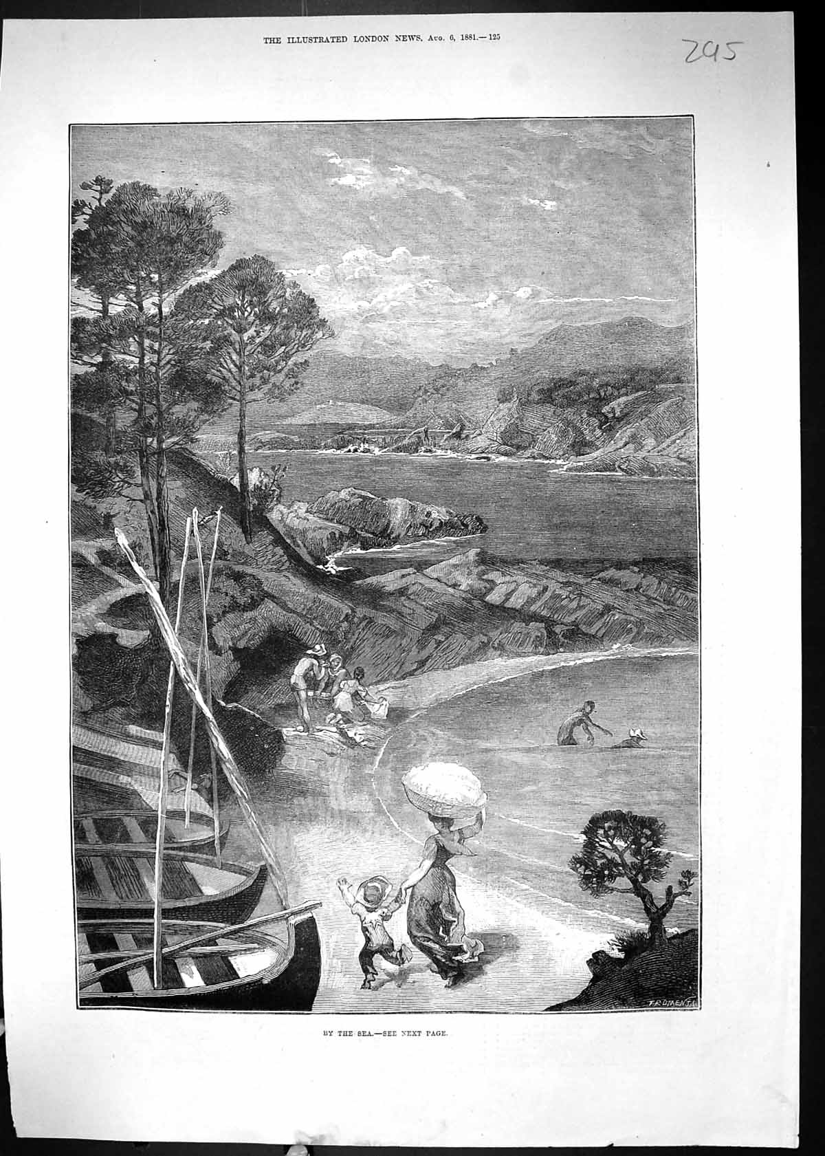 Antique Old Print 1881 Scene By The Sea Bathing Fishing Boats Trees Mountains