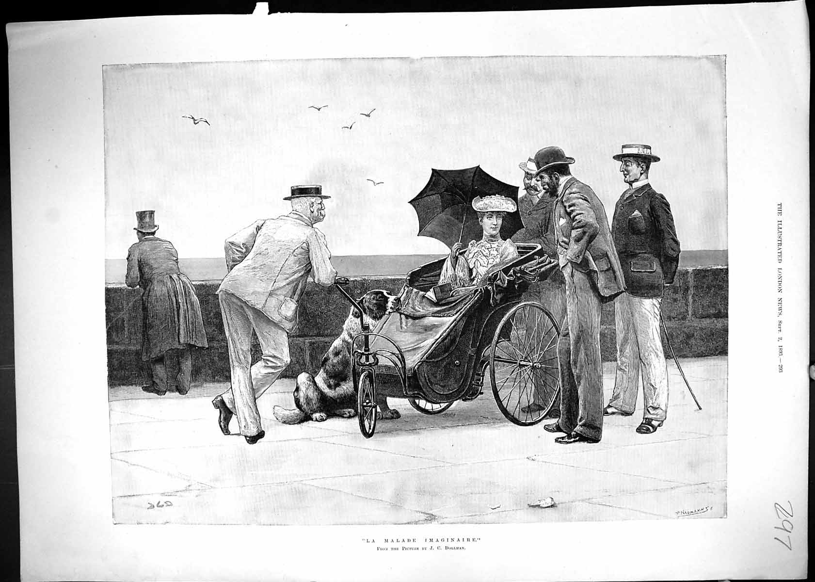 Old 1893 La Malade Imaginaire Lady Transport Cart Pier Scene Dollman Victorian