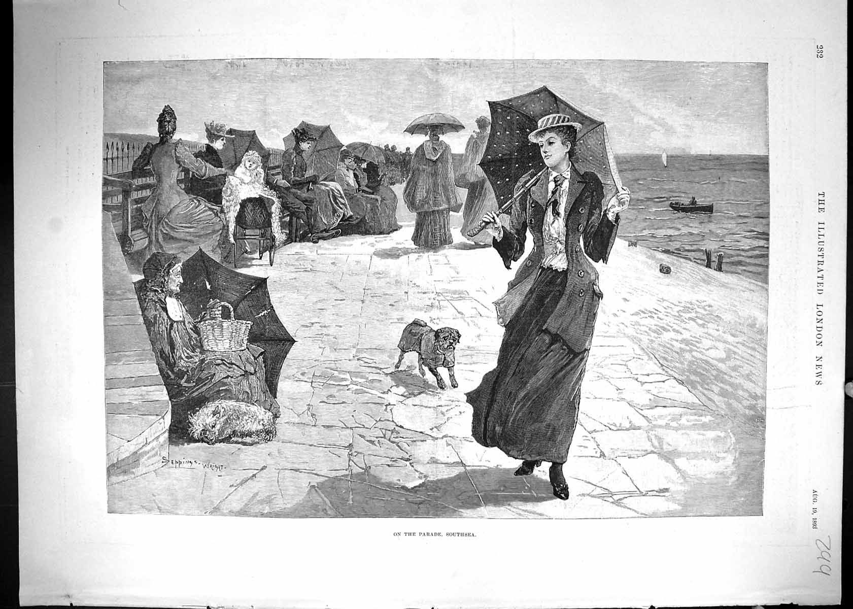 Antique Print 1893 Parade Southsea Beautiful Woman Umbrella Stormy Weather 19th