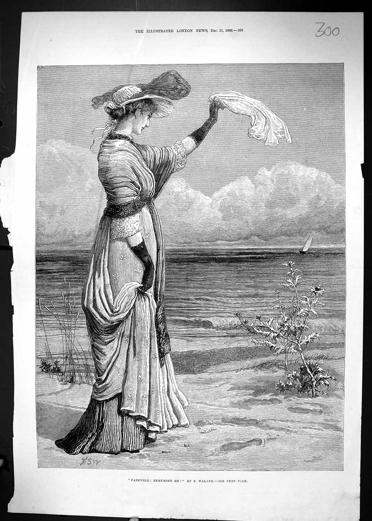 Antique Print 1880 Farewell Remember Me Woman Waving Scarf Sea Boat Walker 19th