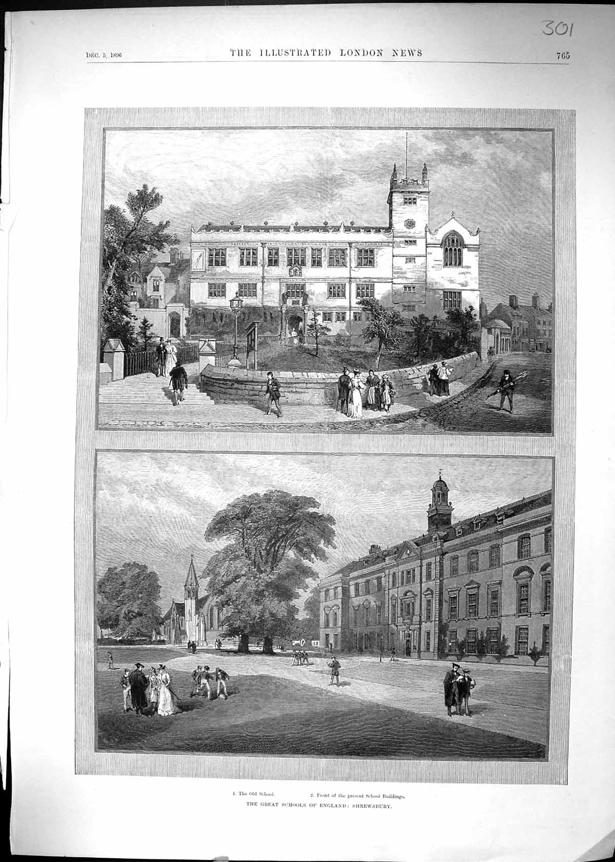 Original Old Antique Print 1896 Great School Shrewsbury England Architecture