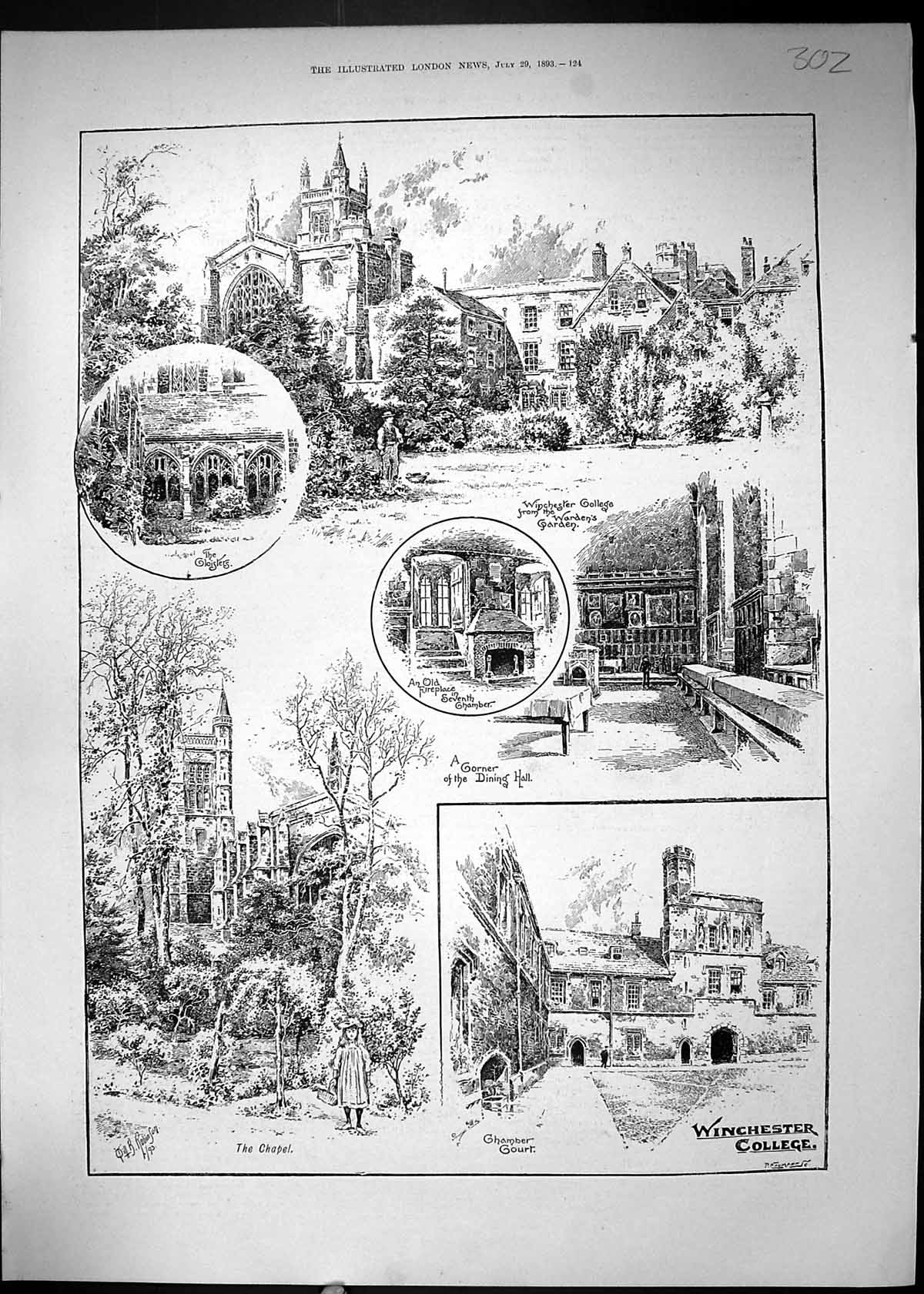 Old Print 1893 Winchester College Warden Garden Cloisters Chamber Chapel 19th