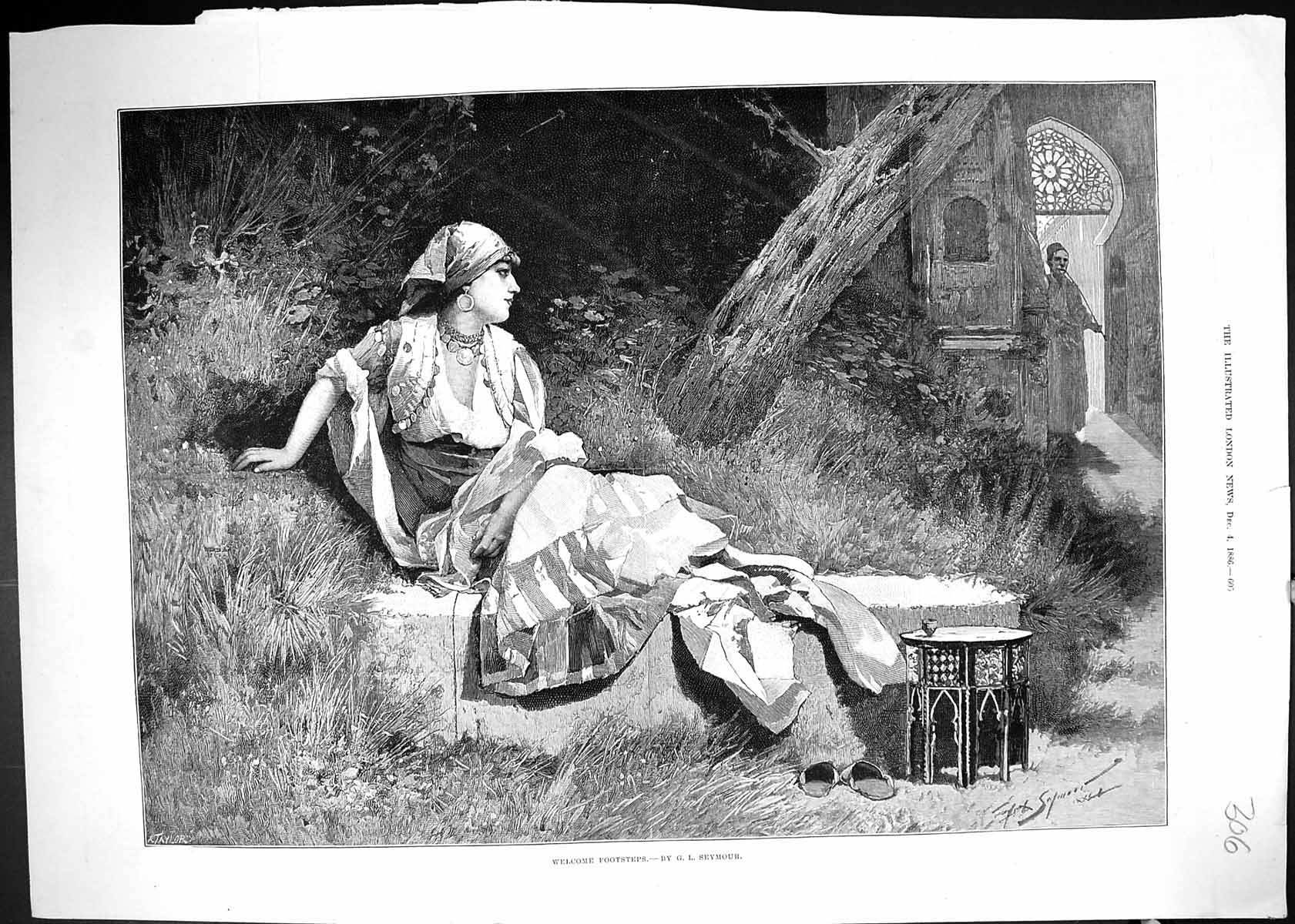 Old Antique Print 1886 Welcome Footsteps Beautiful Woman Man Church Door 19th