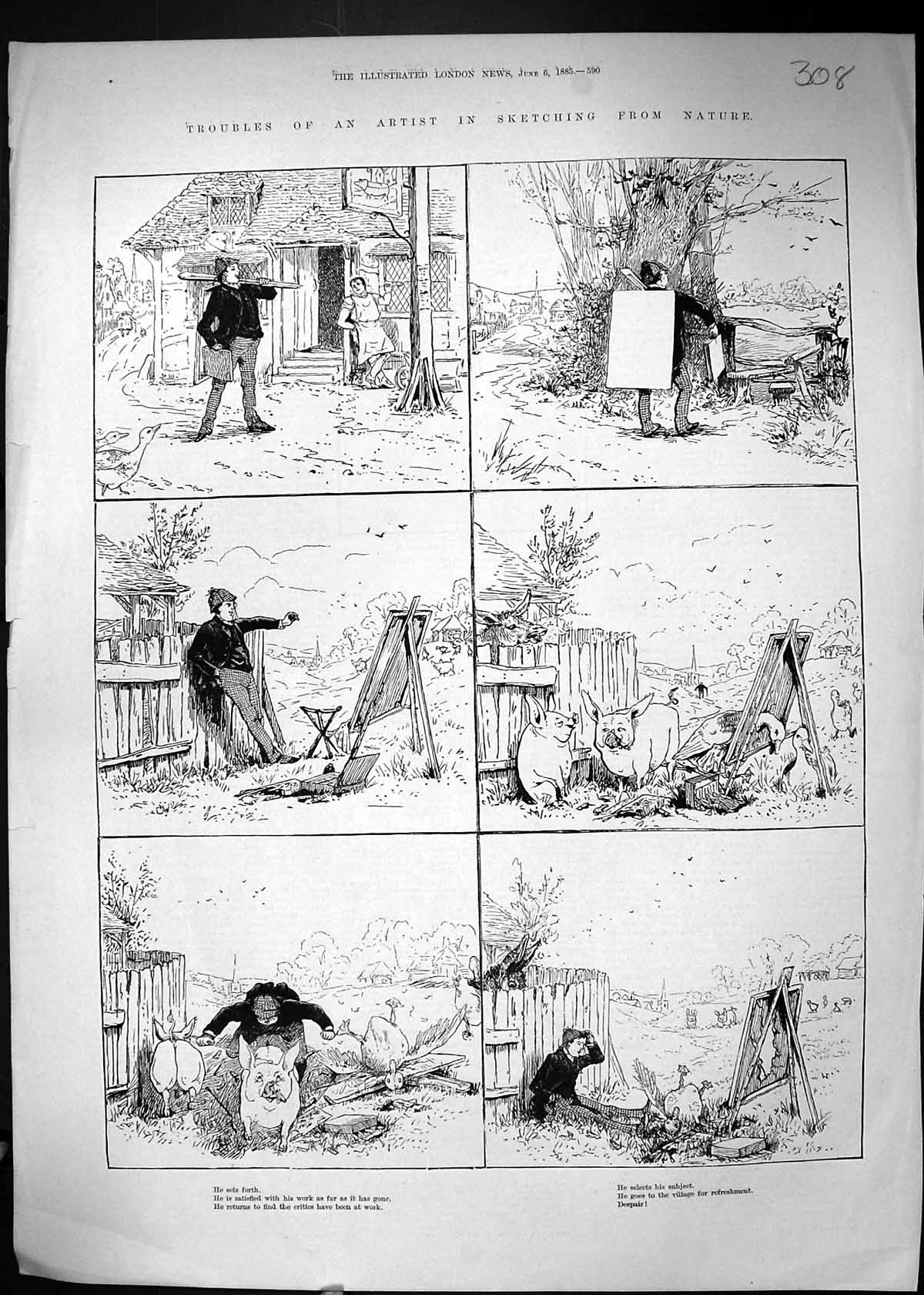 Original Old Antique Print 1885 Troubles Artist Nature Pigs Animals Painting
