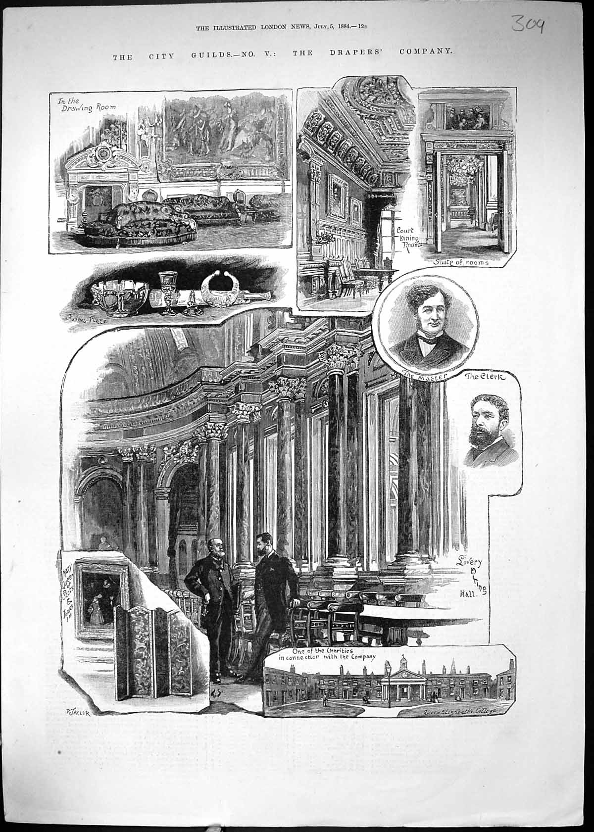 Antique Old Print 1884 City Guilds Drapers Company Master Clerk Drawing Room