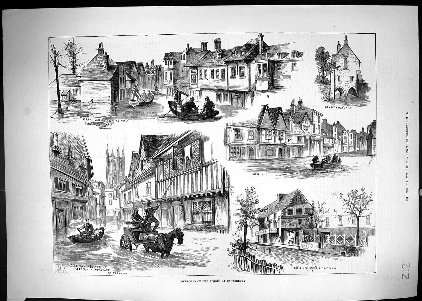 Antique Print Flodds Canterbury Grey Friar'S Mill Postman River Stour 1882 19th