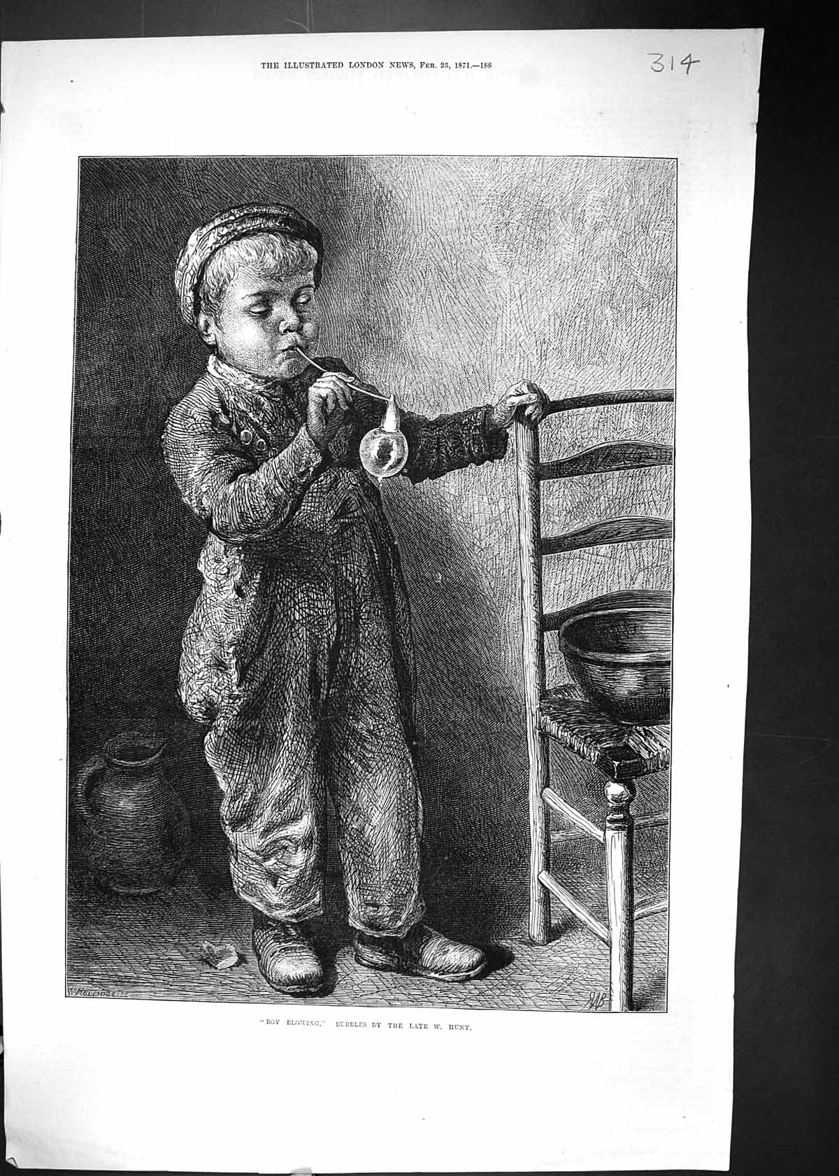 Original Old Antique Print 1871 Boy Blowing Bubbles Pipe Hunt 19th
