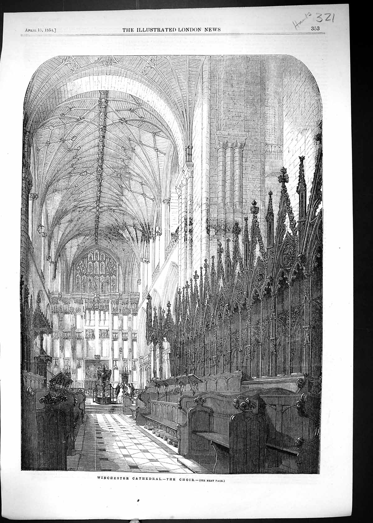 Original Old Antique Print Interior Winchester College Architecture 1854 19th