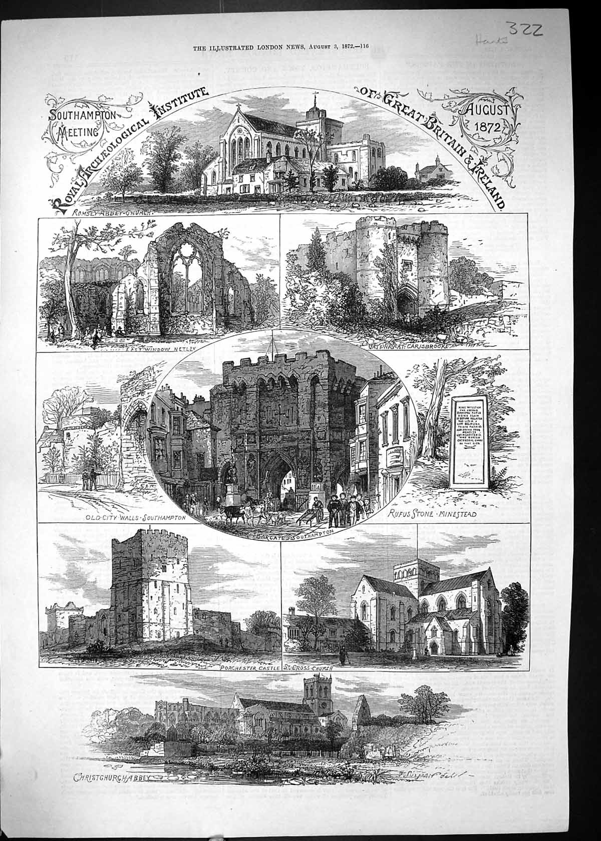 Old 1872 Southampton Bargate St. Cross Church Porchester Castle Romse Victorian