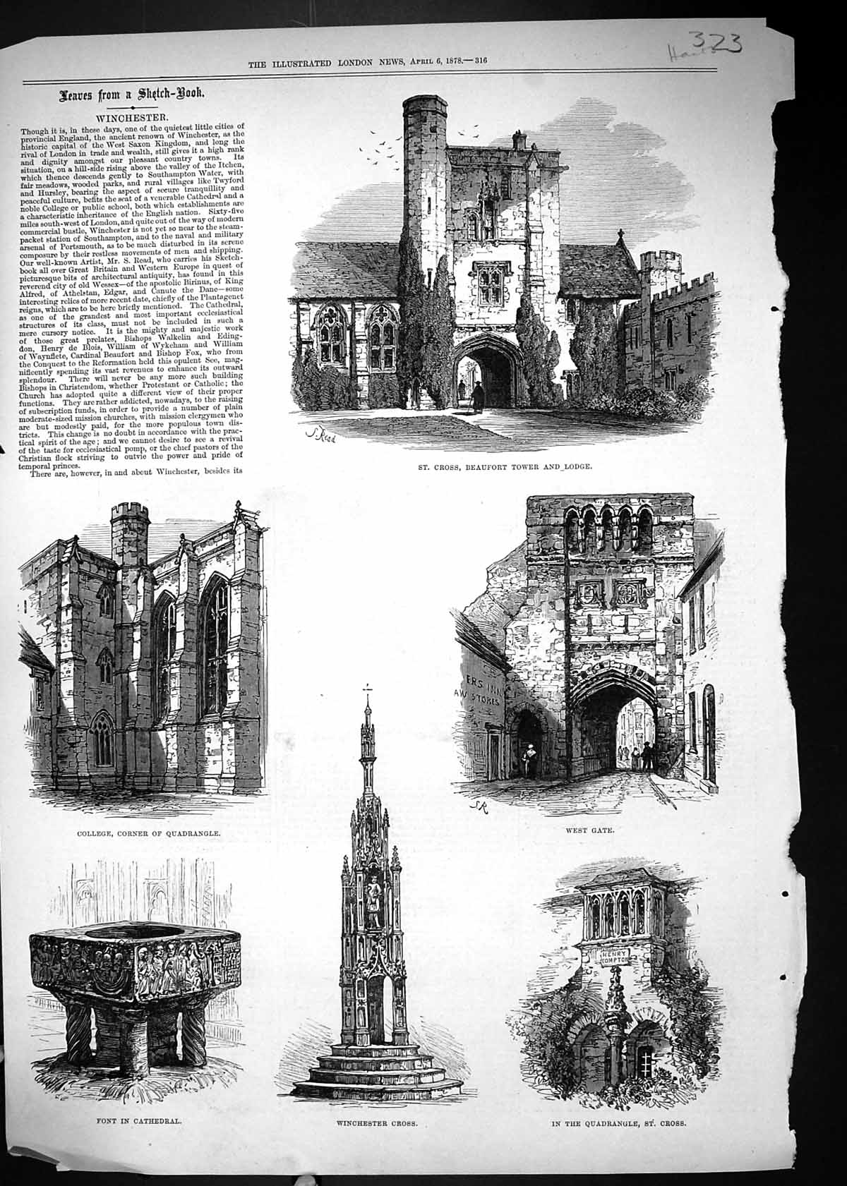 Old 1878 Winchester St. Cross Beaufort Tower Lodge College Font Cathe Victorian
