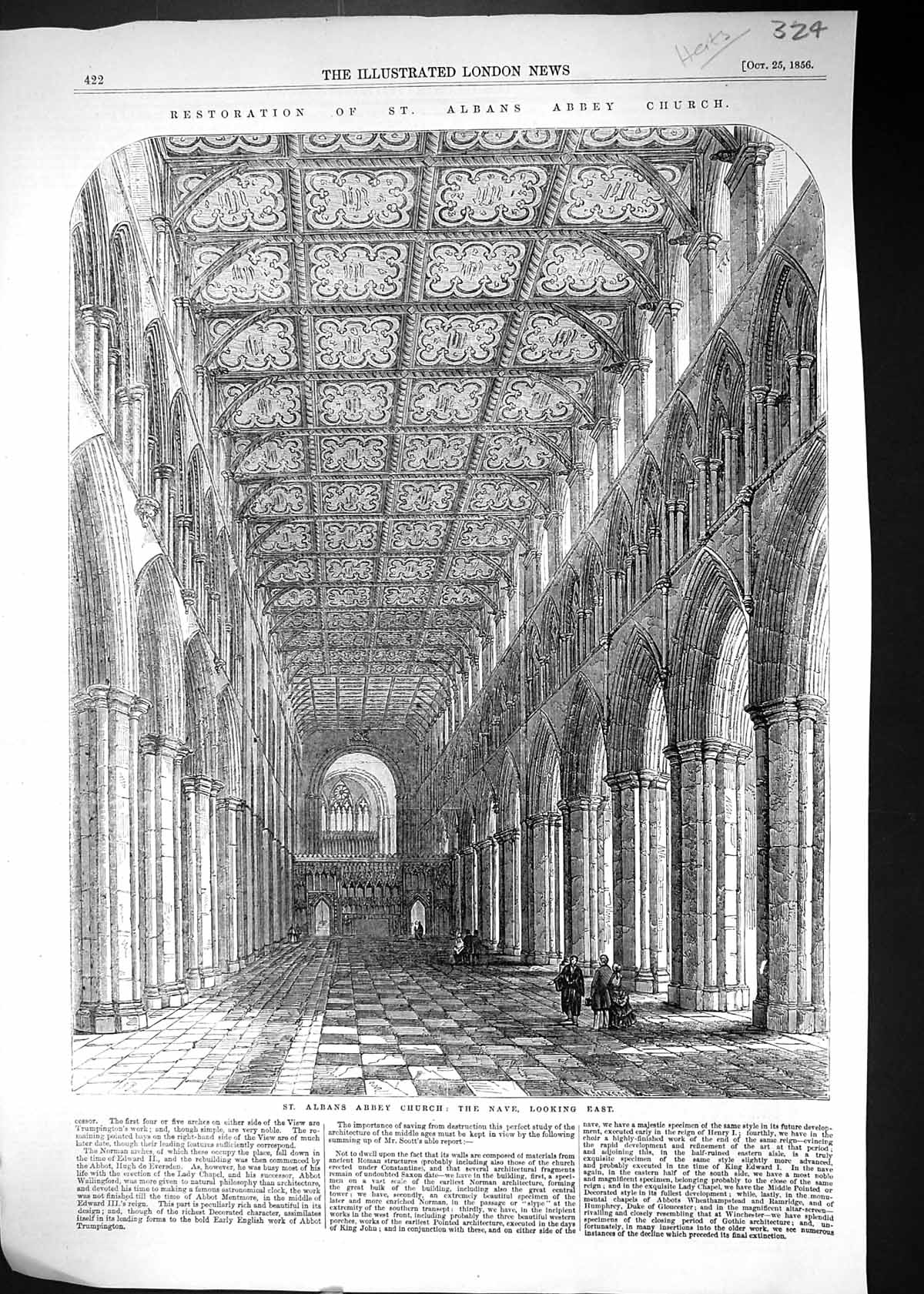 Antique Old Print 1856 Restoration St. Albans Abbey Church Nave Architecture