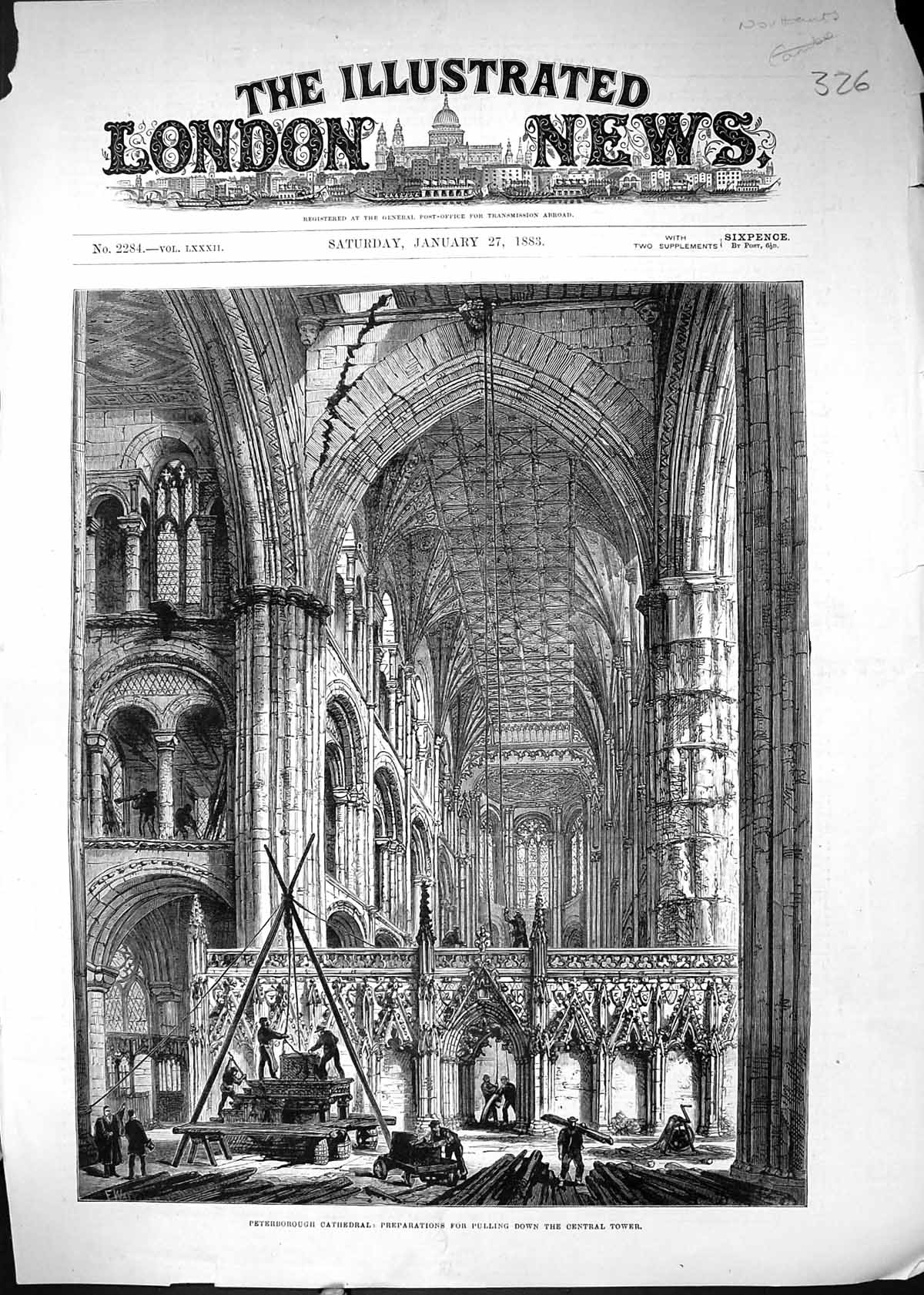 Antique Old Print 1883 Peterborough Cathedral Preparations Pulling Down Tower