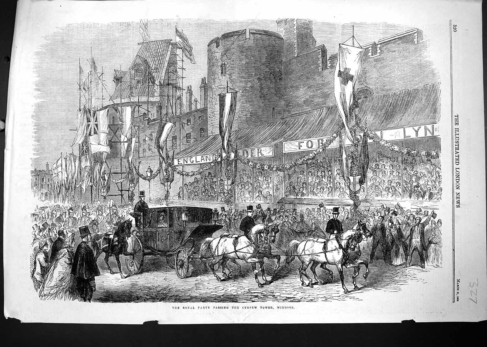 Antique Old Print 1863 Royal Party Passing Curfew Tower Windsor Castle London