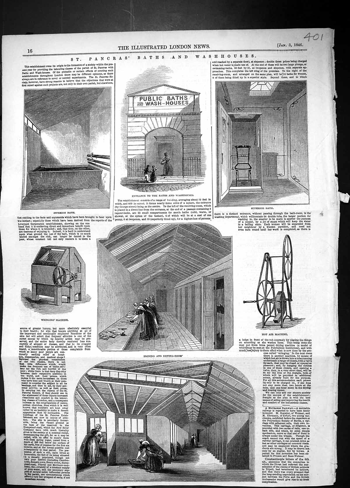 Old Print 1846 St. Pancras Baths Wash-Houses Wringing Machine Drying Room 19th