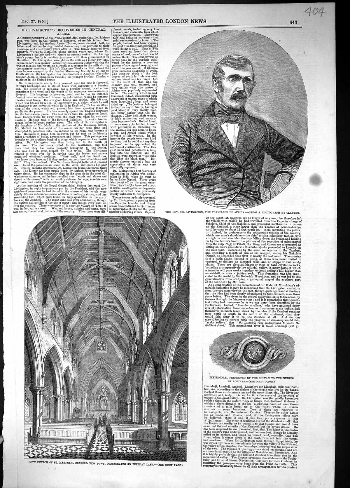 Old Print Church St. Matthew Bedford 1856 Dr. Livingston Africa Explorer 19th