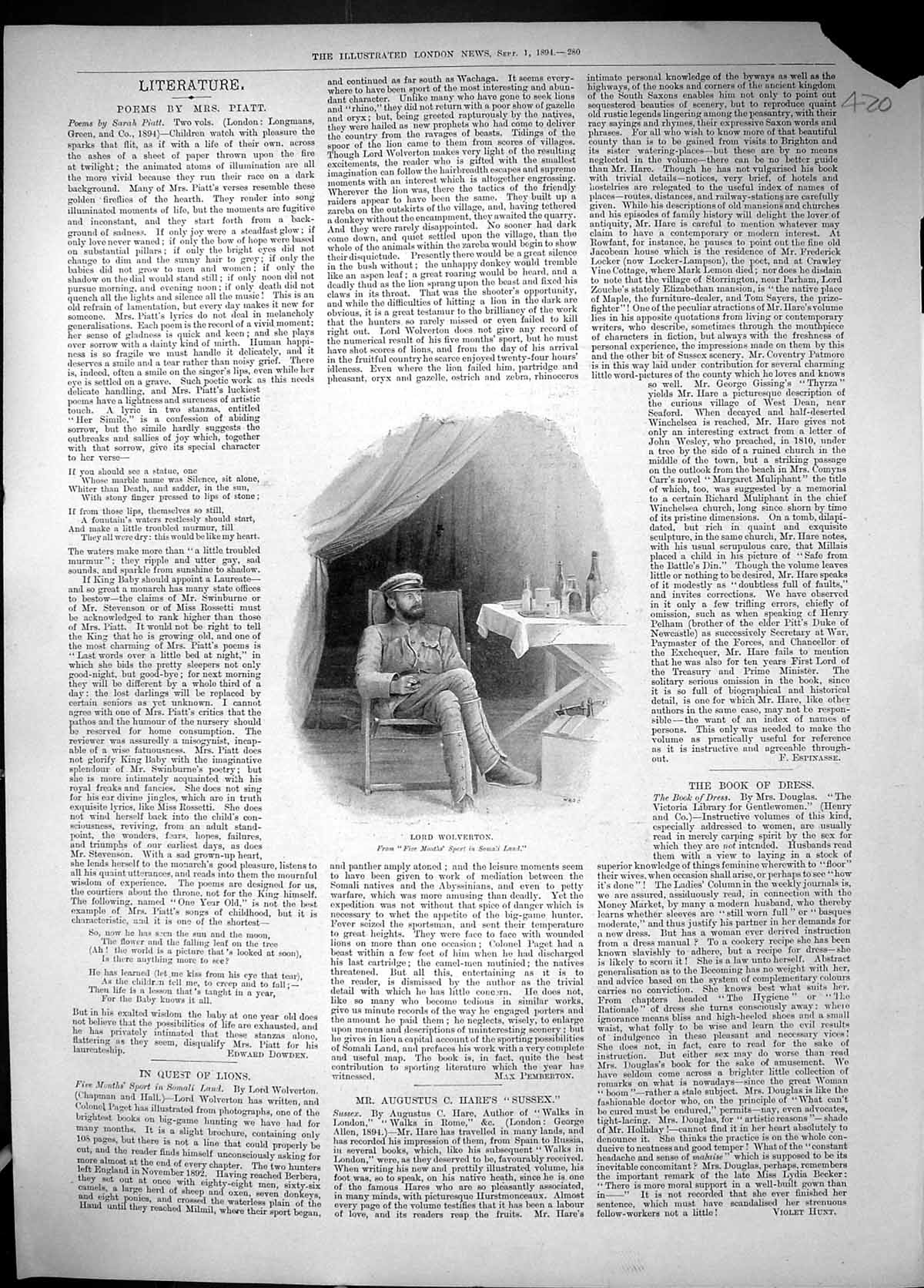 Original Old Antique Print 1894 Portrait Lord Wolverton Somali Land Victorian
