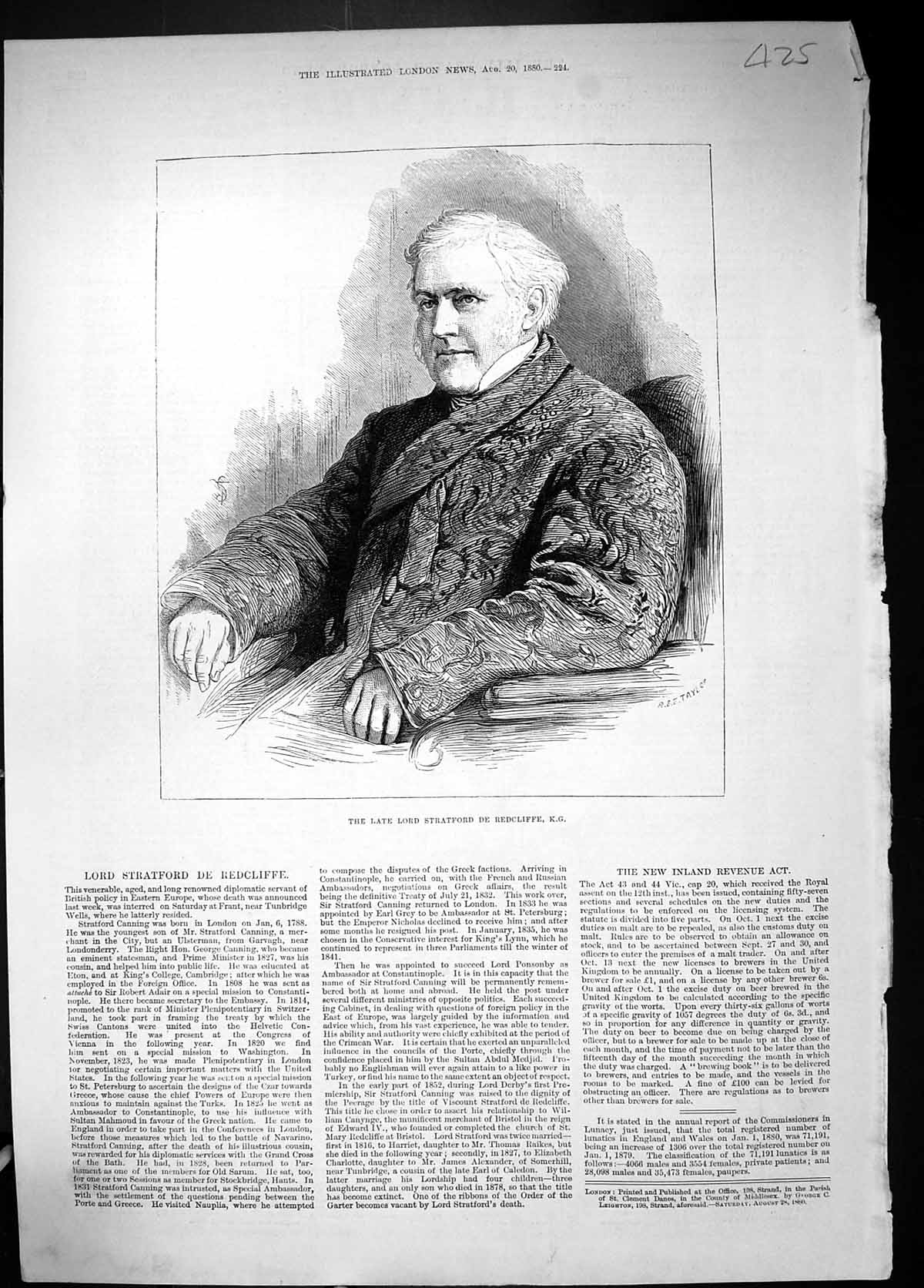 Antique Print 1880 Portrait Lord Stratford De Redcliffe Diplomatic Servant 19th