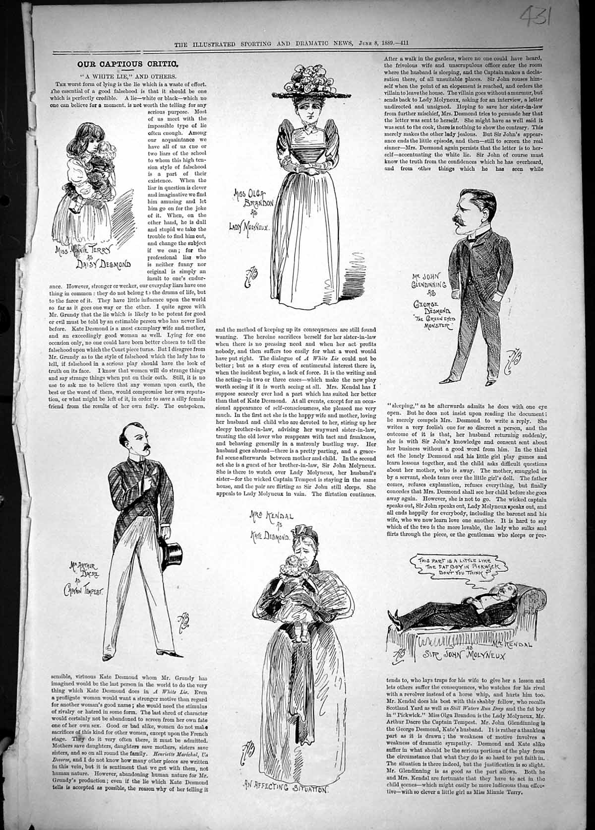 Old 1889 Theatre Captious Critic White Lie Terry Brandon Kendal Dacre Victorian