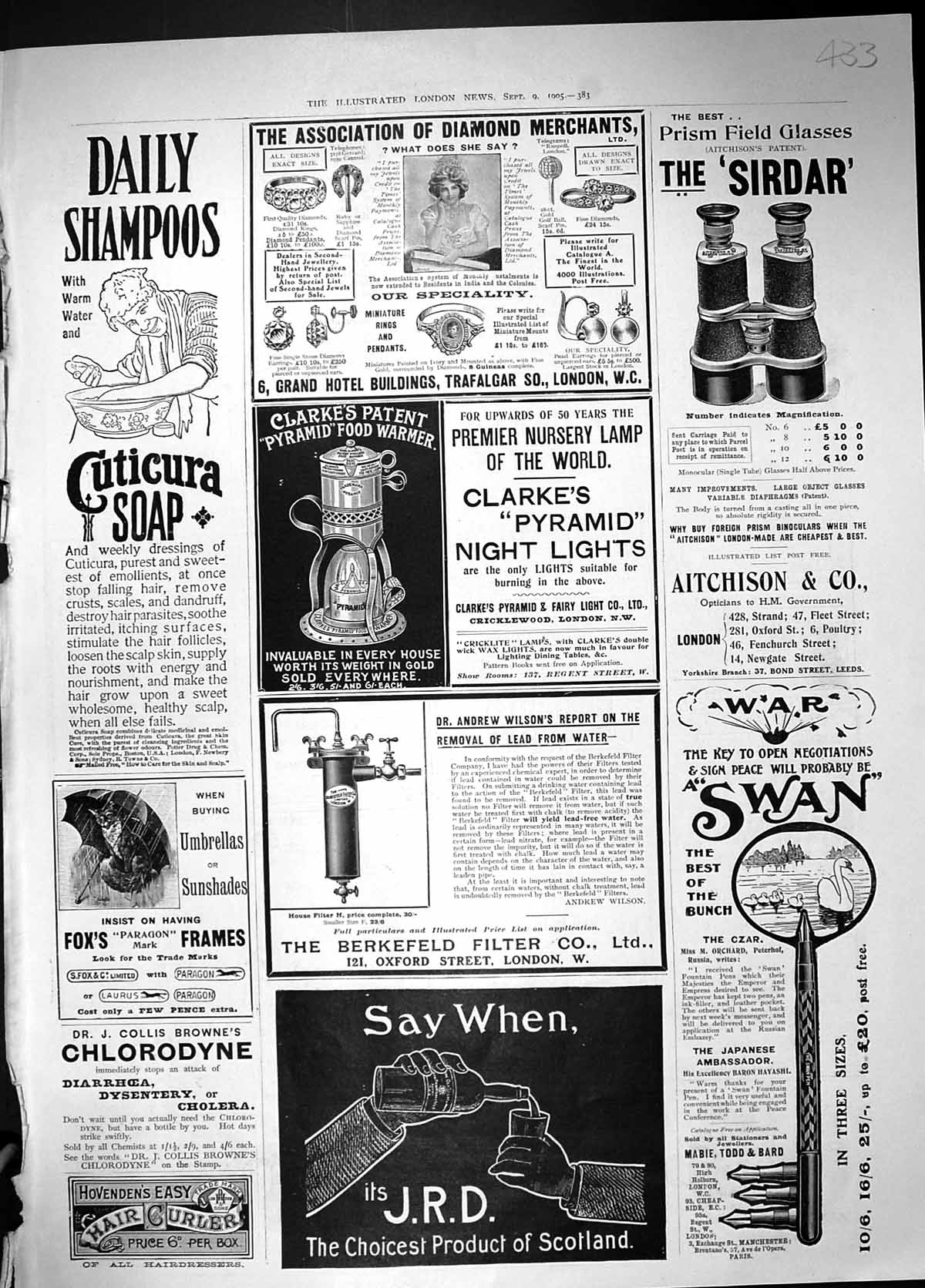 Antique Print 1905 Diamonds Aitchison Swan Pen J.R.D. Whisky Cuticura Soap 20th