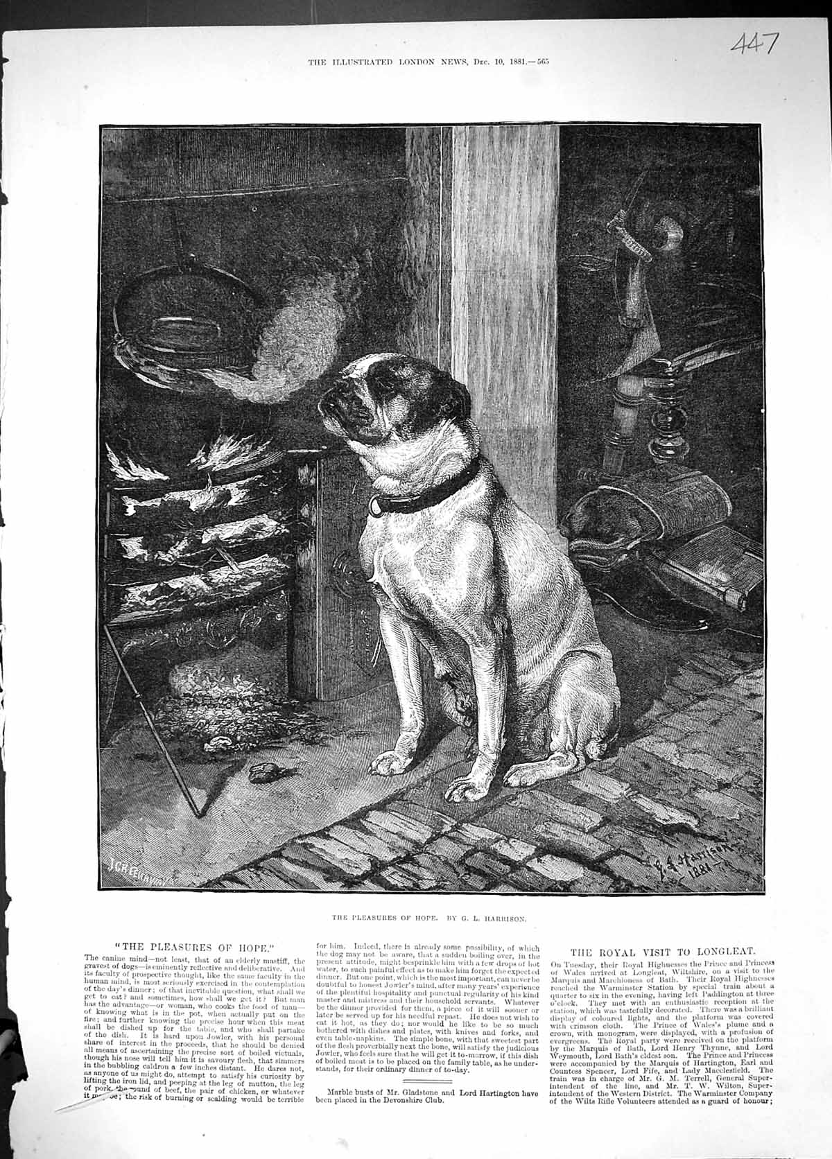 Original Old Antique Print Pleasure Hope Harrison Pet Dog House Fire 1881 19th