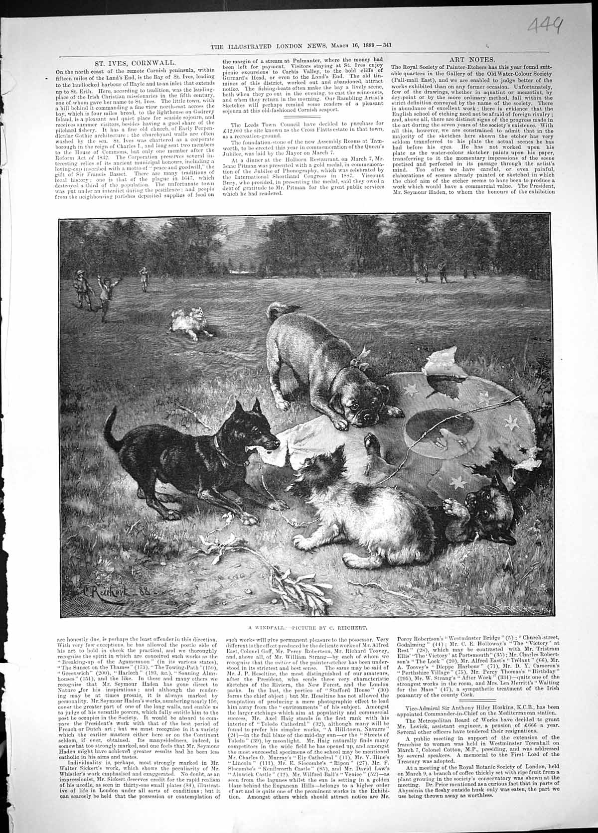 Original Old Antique Print 1889 Windfall Reichert Dogs Chewing Kite Park Scene