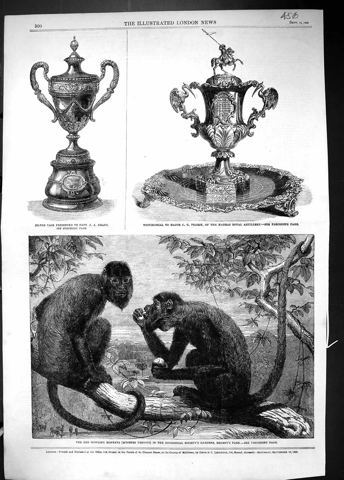 Old 1863 Red Howling Monkeys Mycetes Ursinus Silver Vase Grant Major Victorian