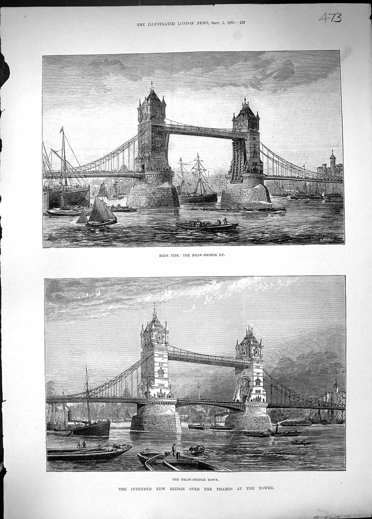 Old 1885 Bridge River Thames Tower London Boats Ships Draw-Bridge Up Victorian