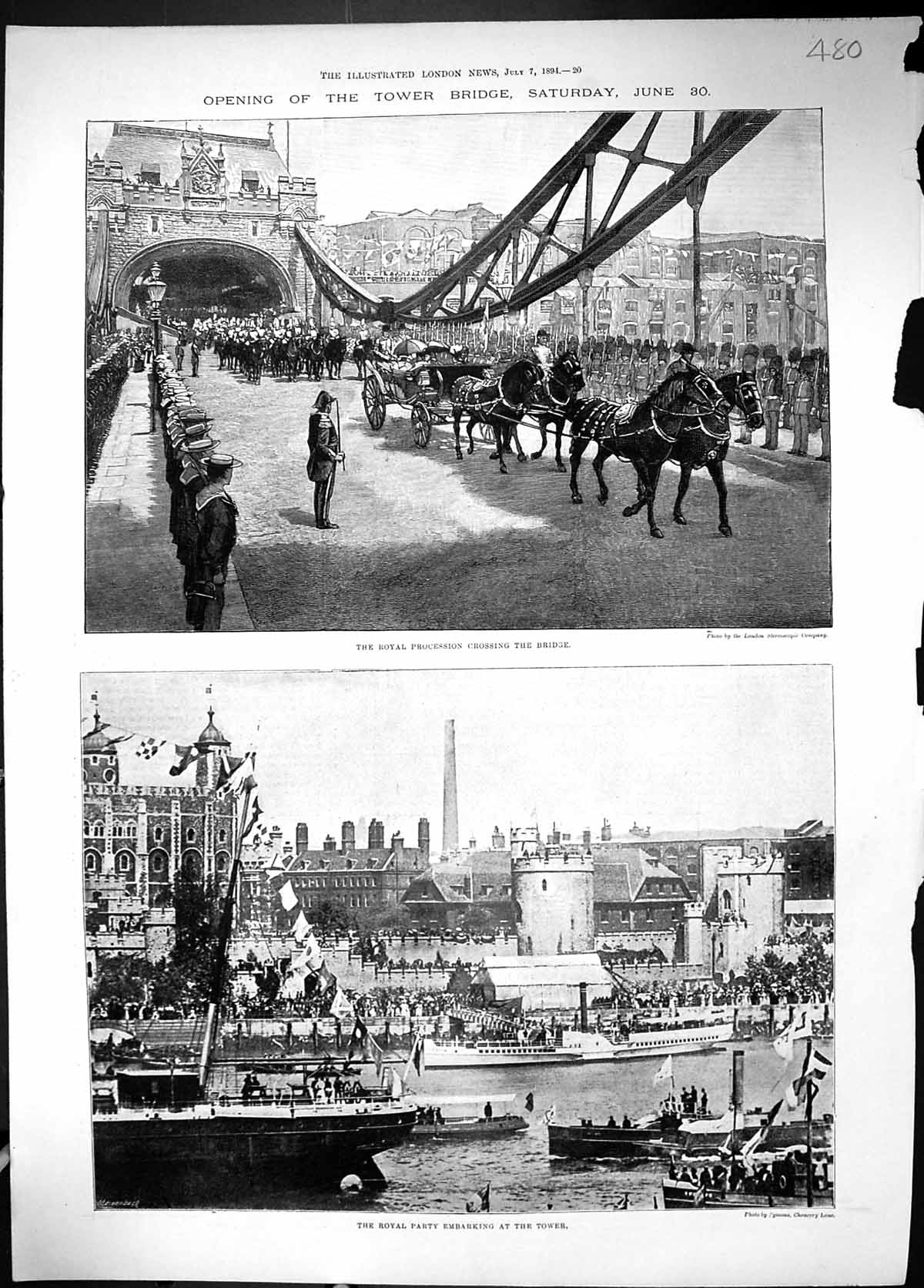 Antique Print 1894 Opening Tower Bridge London Royal Party Procession Yacht