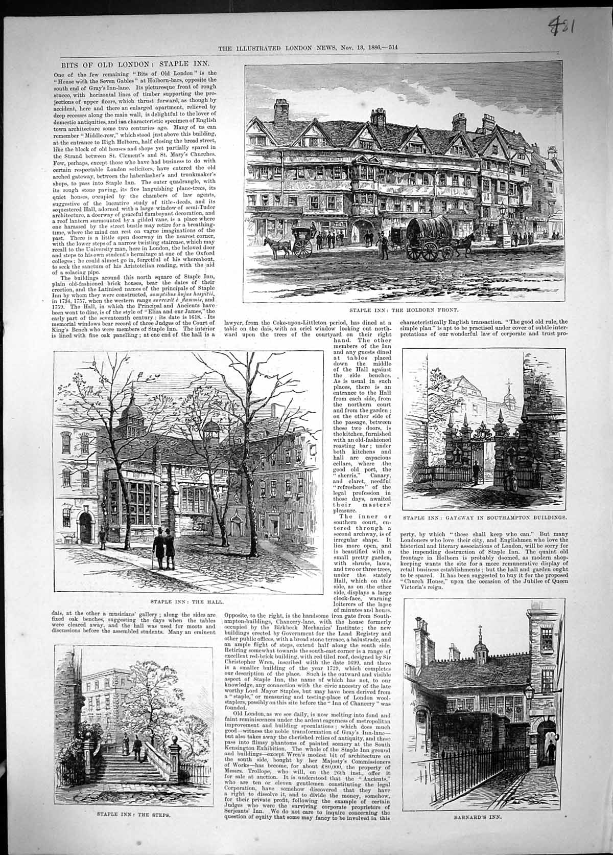 Old 1886 London Staple Inn Holborn Front Southampton Buildings Barnar Victorian