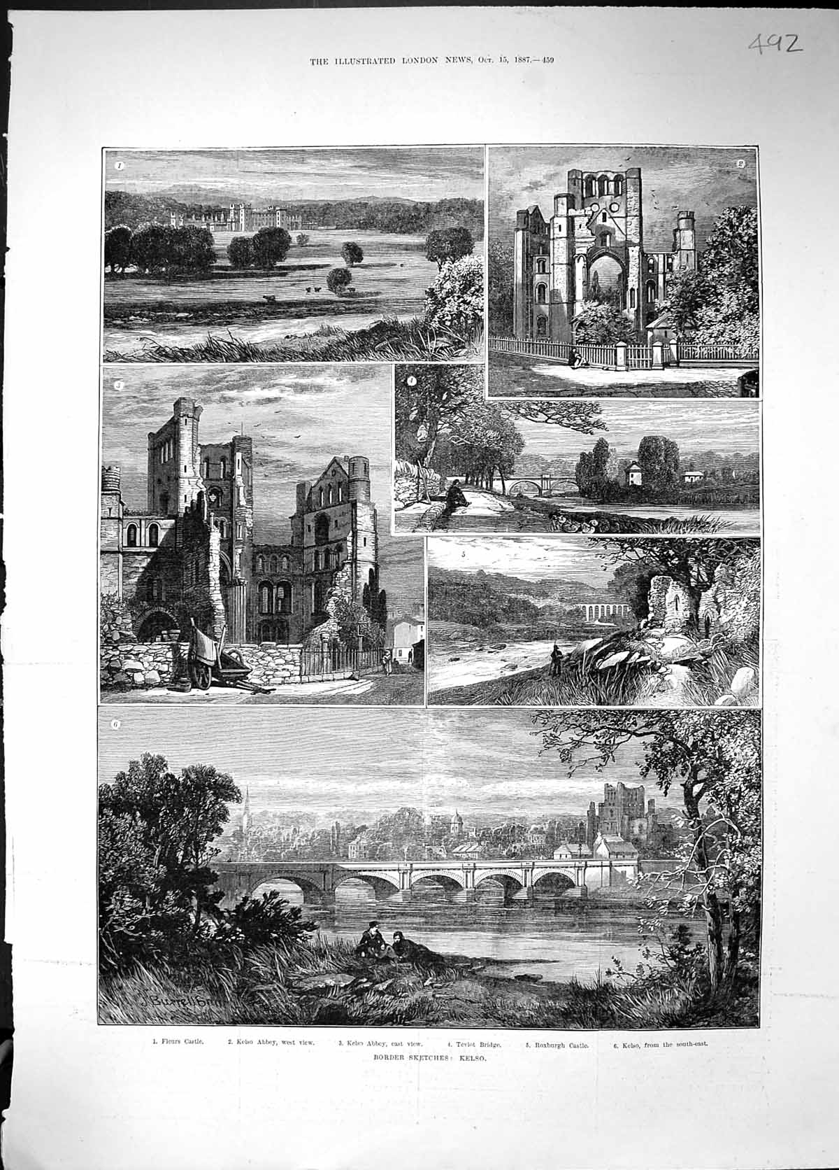 Old 1887 Kelso Scottish Borders Fleurs Castle Abbey Teviot Bridge Rox Victorian